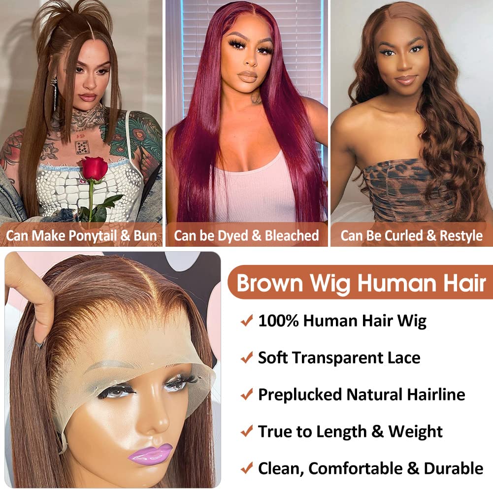 Flady Dark Brown Glueless Human Hair Wig - Straight Lace Front Wig with Pre-Plucked Invisible HD Lace | 150% Density for Women | Perfect for Daily Wear, Cosplay & Special Occasions