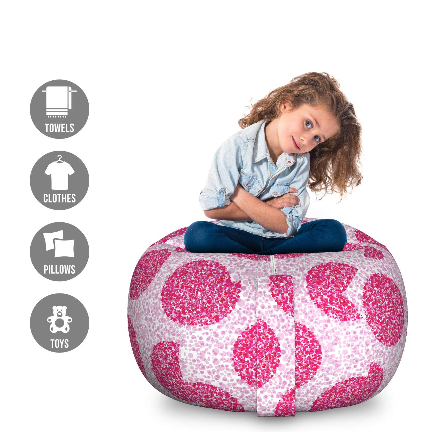 Ambesonne Large Washable Toy Storage Bag Chair - Abstract Polka Dot Bubble Design, Pink Fuchsia Stuffed Animal Organizer for Kids' Room & Playroom Organization