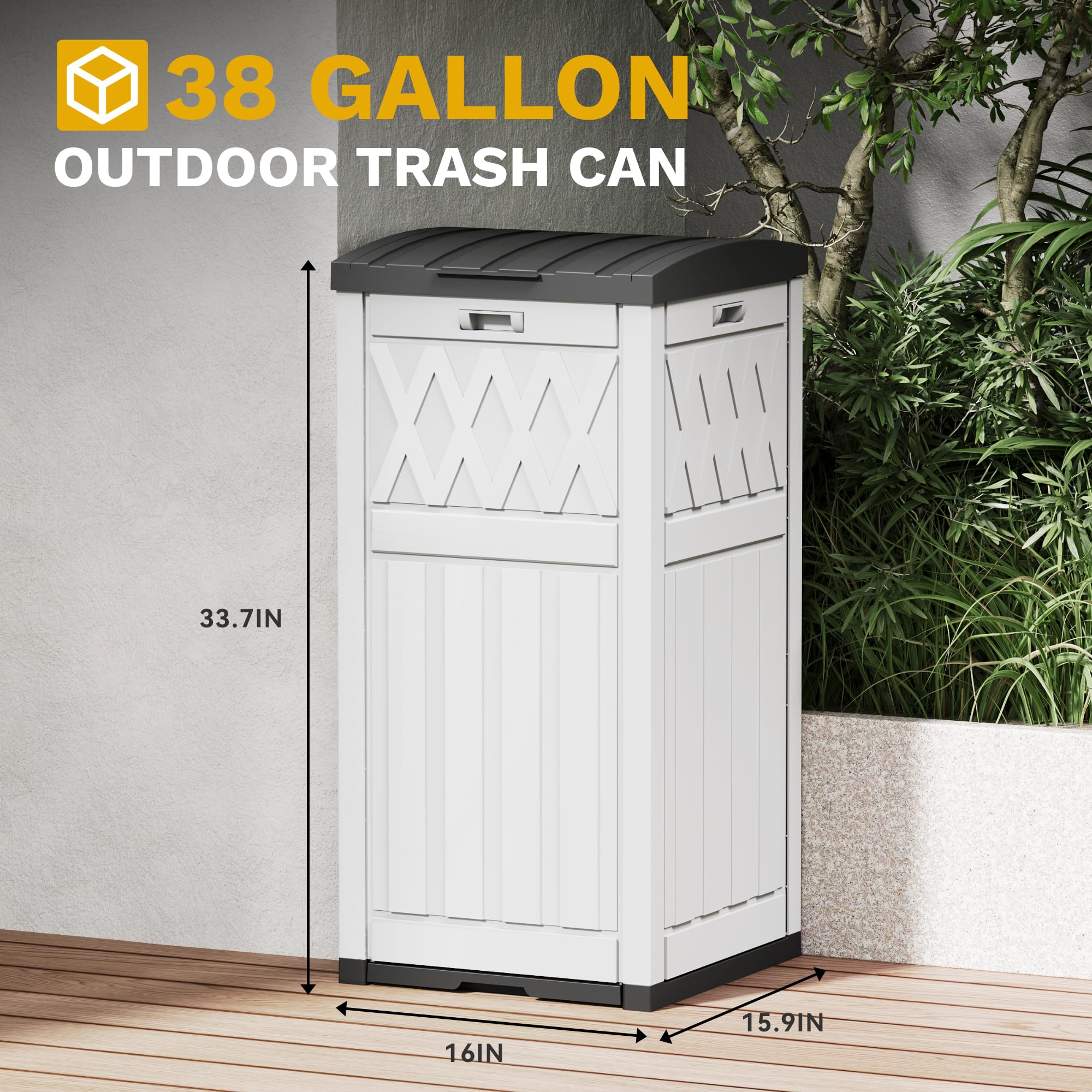 DWVO 38 Gallon Outdoor Trash Can with Tiered Lid & Drip Tray - Waterproof Resin Garbage Bin for Patio, Kitchen, Backyard - Heavy Duty Grayish-White Trash Container for Home, Garden & Commercial Use