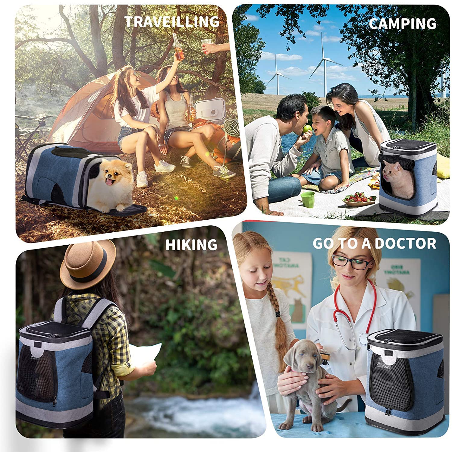 JESPET & GOOPAWS Pet Carrier Backpack for Small Dogs & Puppies - Lightweight, Breathable & Comfortable Travel Backpack for Hiking, Walking, Airplane, Outdoor Adventures with Your Pet (Blue Grey) - Perfect for Daily Commutes, Vet Visits & Family Outings
