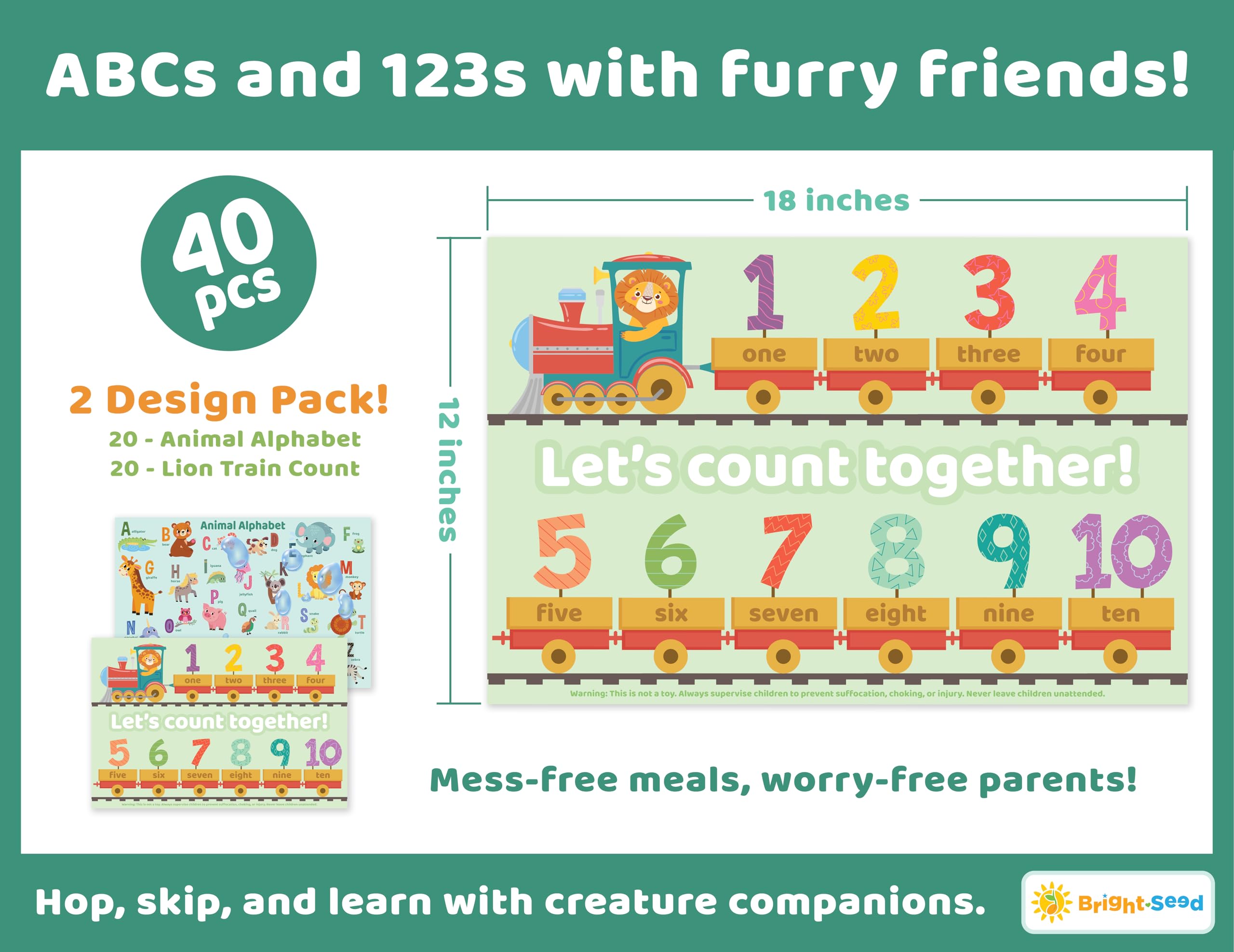 Disposable Baby Placemats for Toddlers & Kids - 40 Pack Waterproof Dining Mats for Restaurants, Travel & Home Use - ABC, Numbers & Animal Learning Mats - Perfect for High Chairs, Picnics & On-the-Go Meals