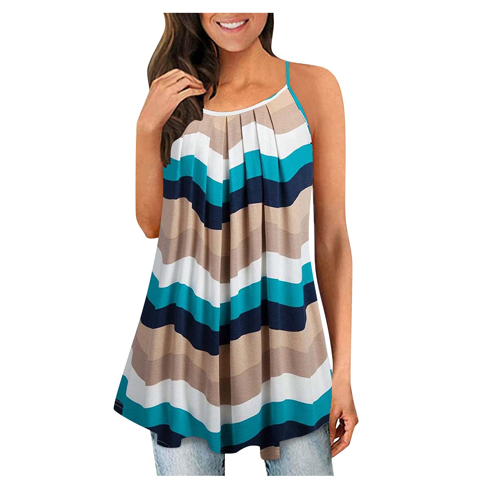 Women's Loose Flowy Tunic Top - Pleated Spaghetti Strap Sleeveless Camisole - Lightweight Summer Tank Tops for Casual Wear, Beach Cover Up & Vacation Outfits