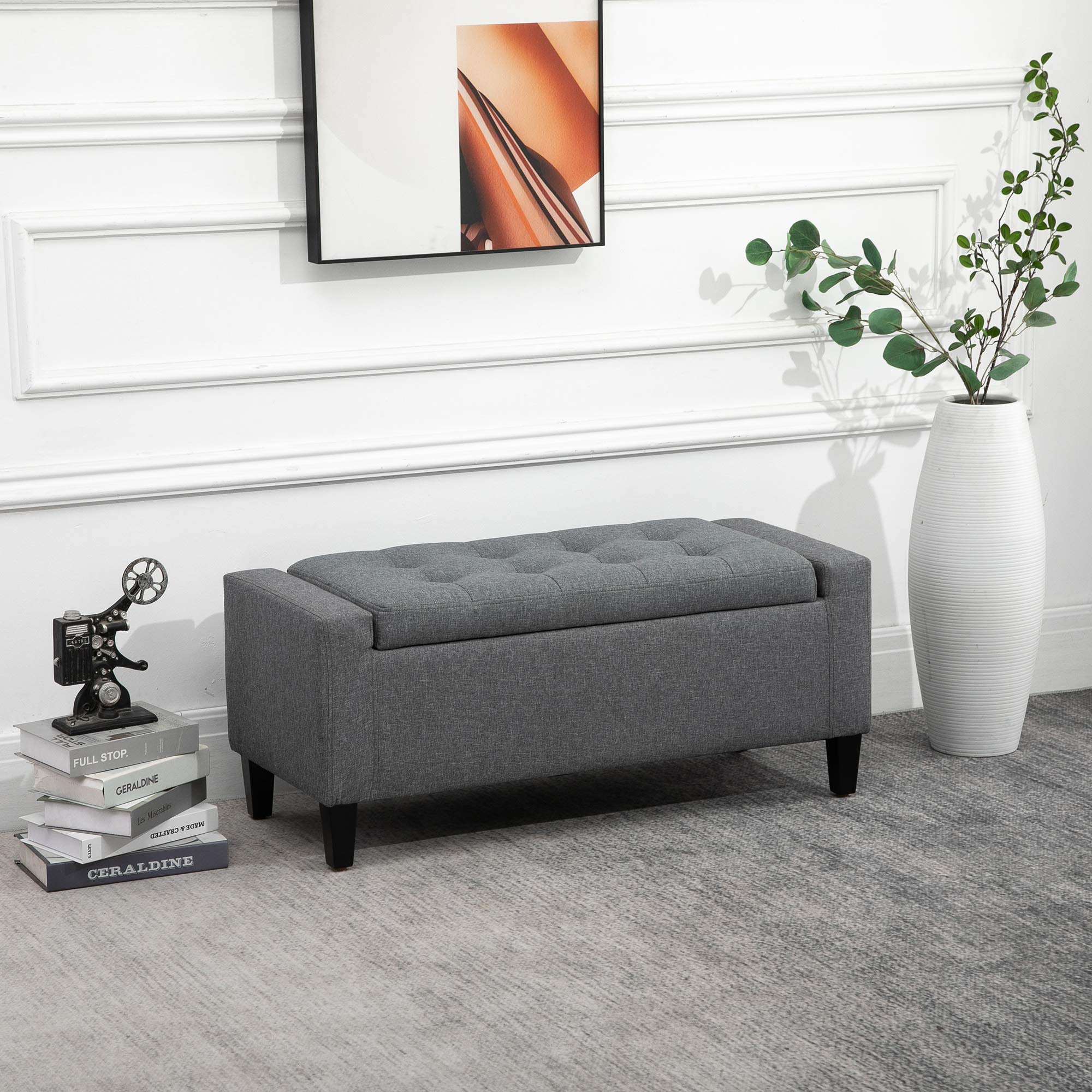 HOMCOM Gray Linen Upholstered Storage Ottoman Bench with Lift Top & Button Tufted Design - Perfect for Living Room, Bedroom & Entryway Organization