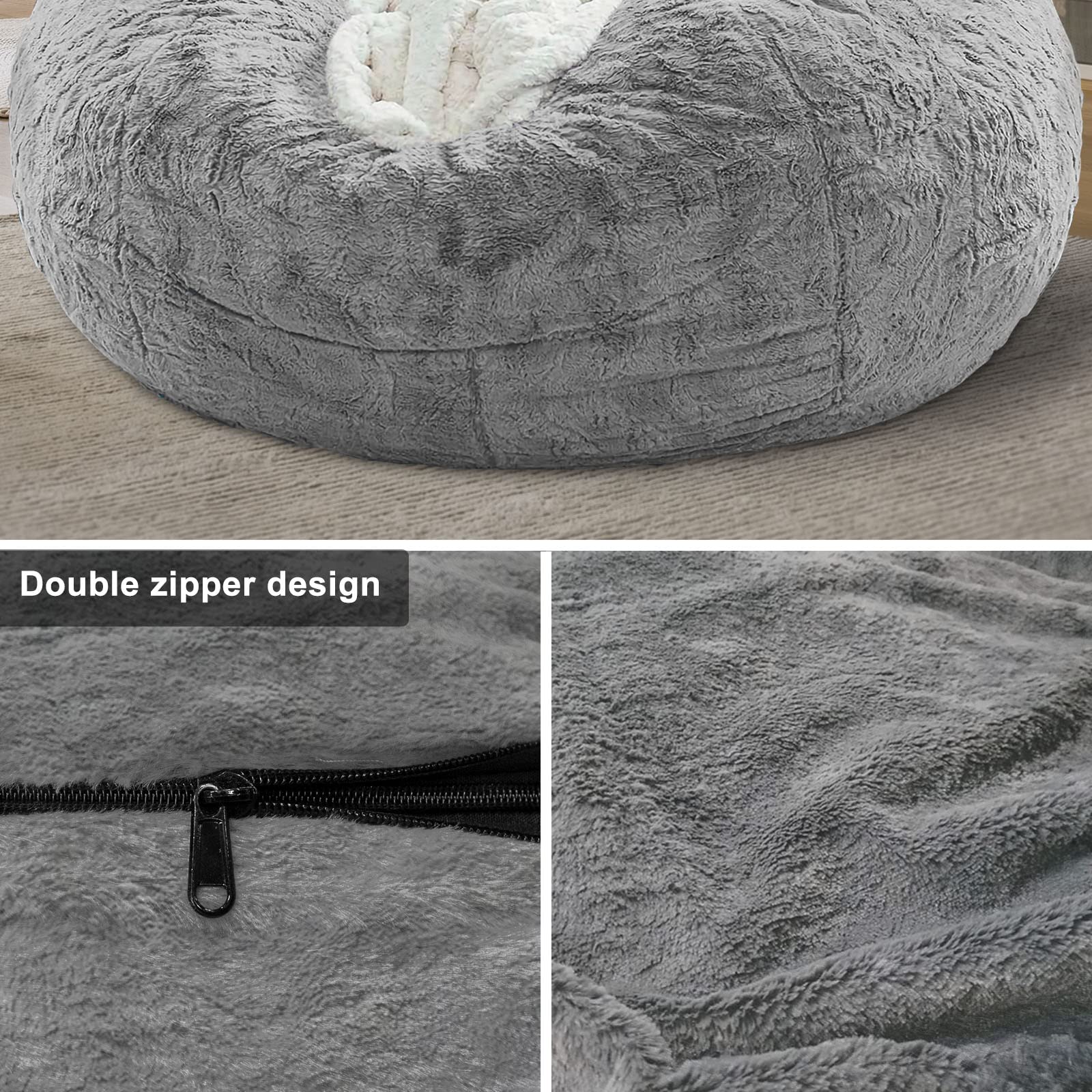 RAINBEAN Bean Bag Chair Cover Only (Not Full Bean Bag) - Big Round Soft Fluffy PV Velvet Sofa Bed Slipcover - 7ft Brown Living Room Furniture for Cozy Lounge, Gaming Chair & Dorm Decor