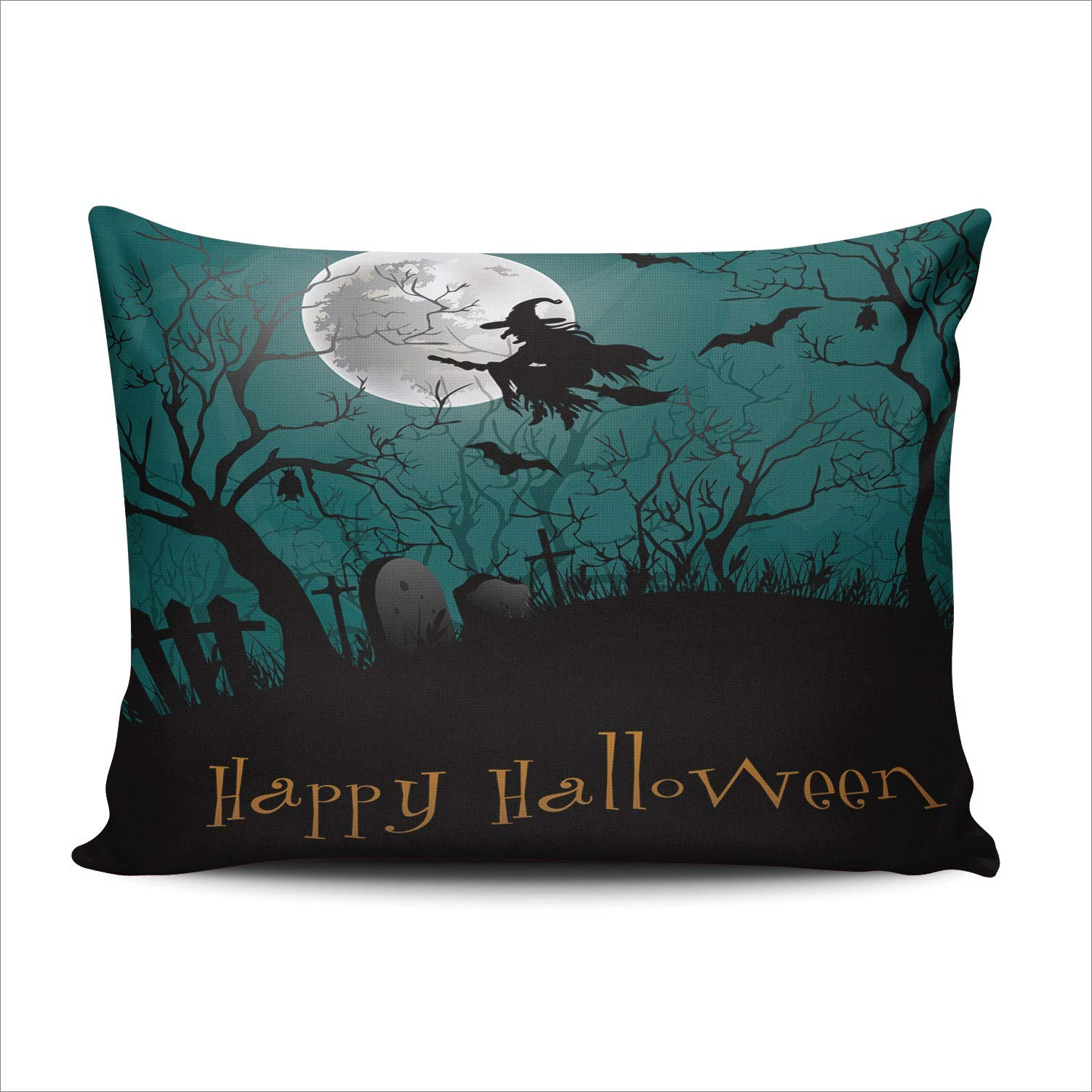 Happy Halloween Ghost & Full Moon Printed Decorative Pillow Cover - 16x24 Inches Modern Throw Pillow Case for Sofa, Couch, Bed - Perfect for Halloween Party Decor, Home Decor & Seasonal Gift