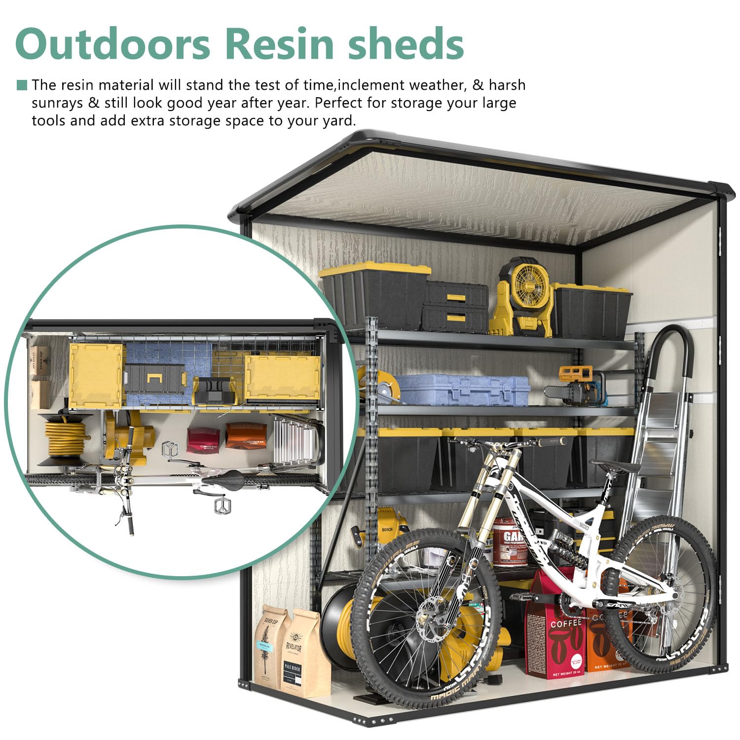 Aoxun 5x3FT Outdoor Storage Shed - Durable Resin Garden Shed with Floor & Lockable Door - Waterproof Plastic Storage for Bikes, Tools, Lawn Equipment, Trash Cans & Garden Accessories (Beige) - Perfect for Backyard, Patio & Garage Organization