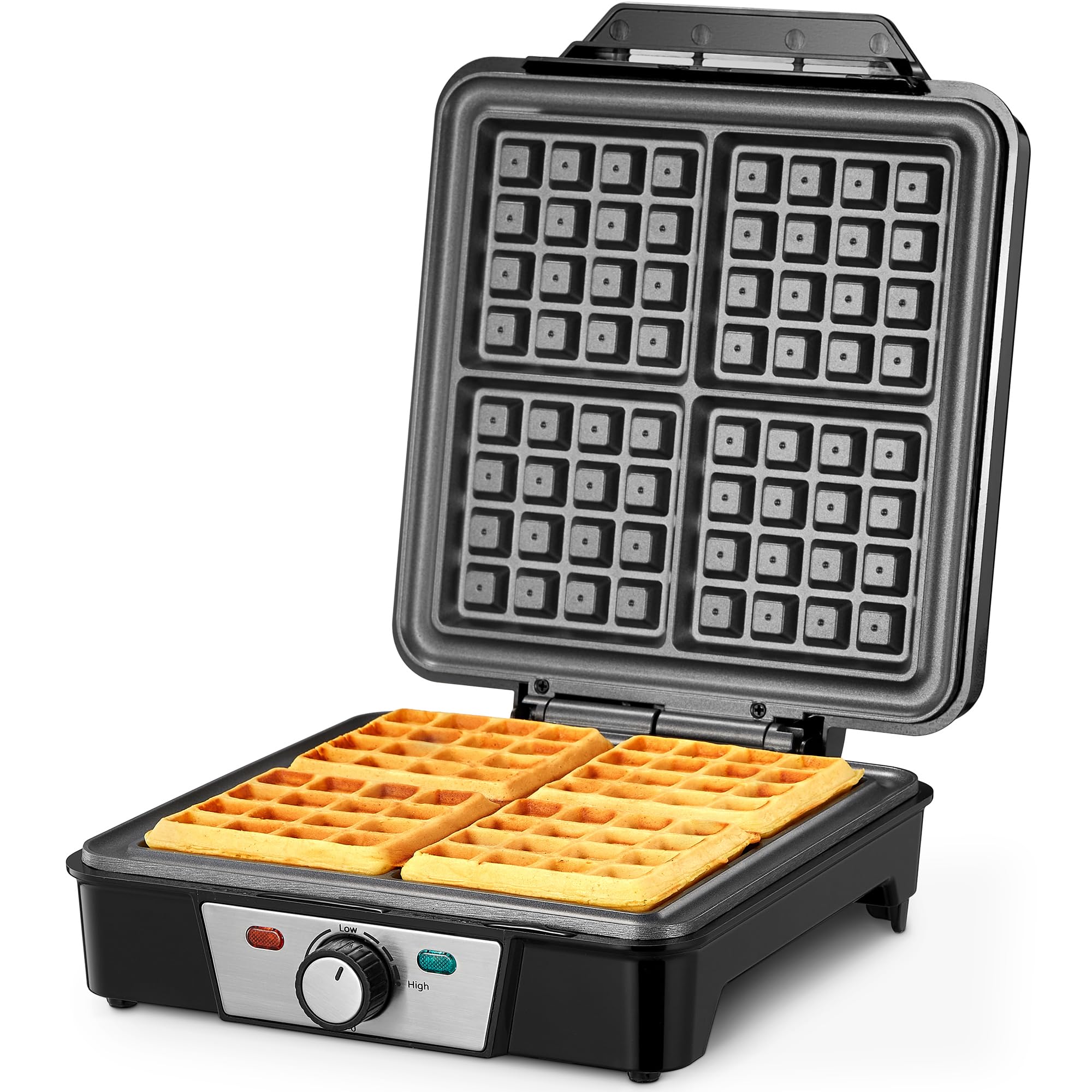 Premium Belgian Waffle Maker 4-Slice 1200W - Adjustable Browning Control, Non-Stick Plates, Anti-Overflow Design with Indicator Lights (Silver/Black) - Perfect for Breakfast, Brunch, and Family Gatherings