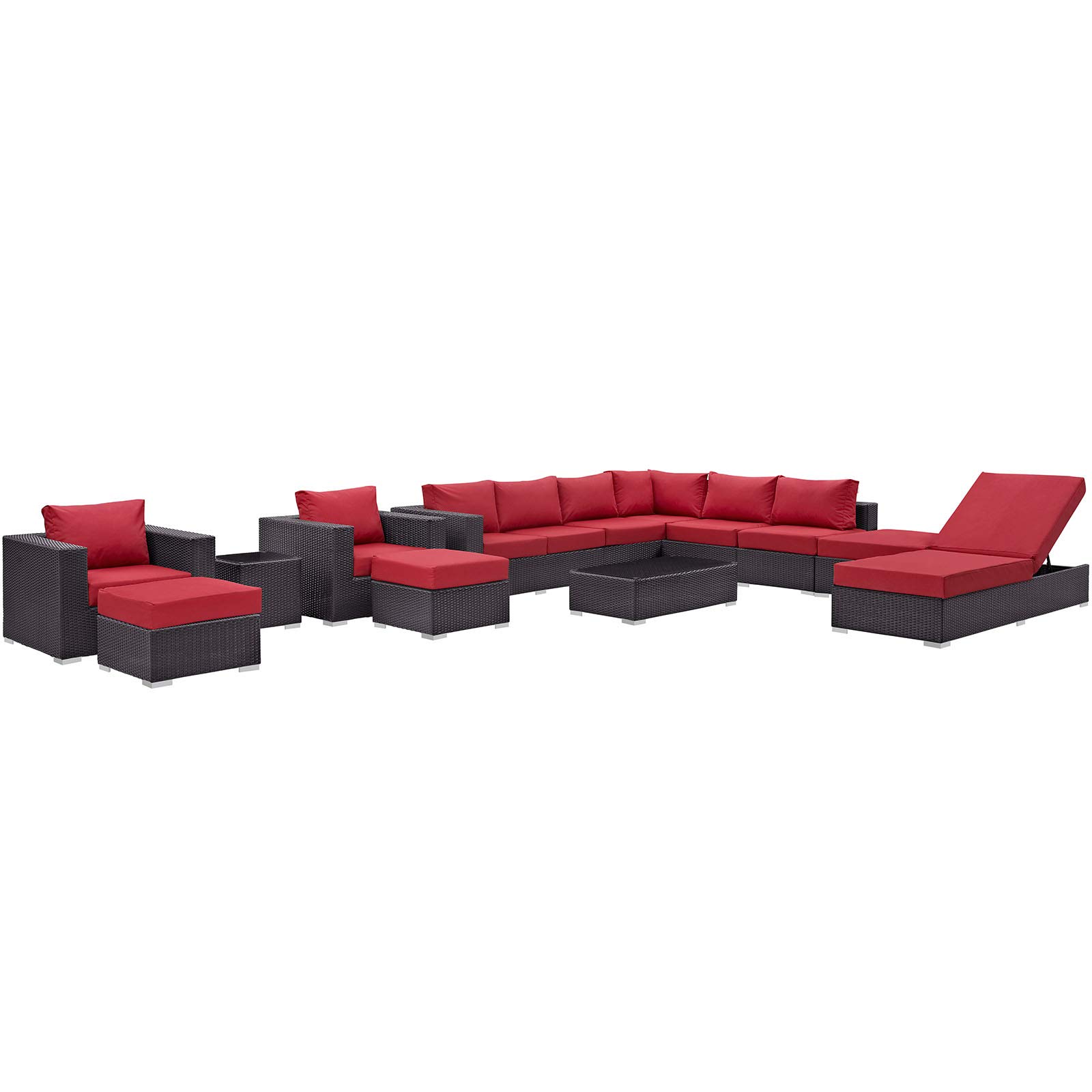 Modway Convene 12-Piece Outdoor Patio Sectional Sofa Set - Espresso Red Wicker Furniture for Backyard, Garden & Poolside Relaxation
