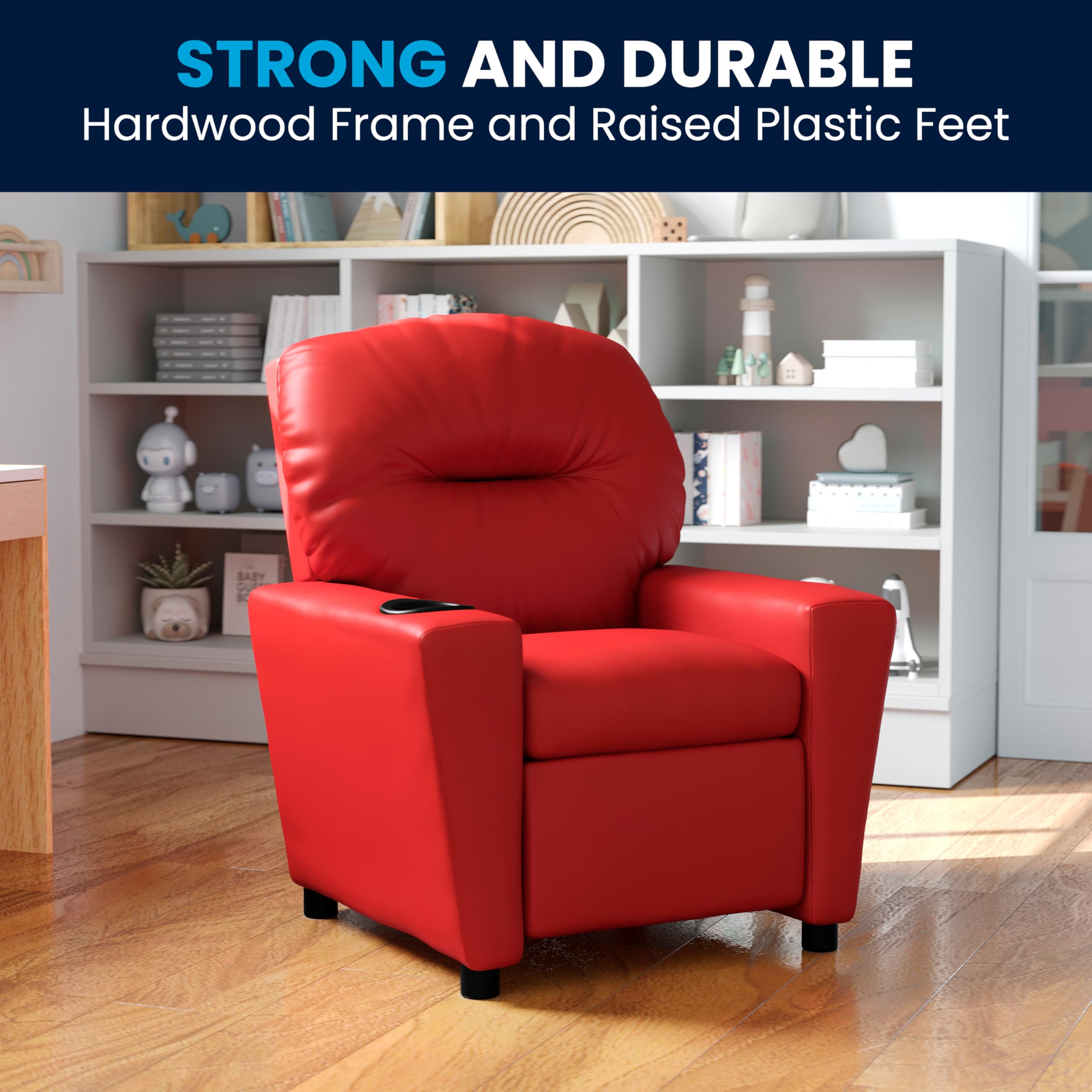 Flash Furniture Chandler Vinyl Kids Recliner with Cup Holder & Safety Recline - Contemporary Reclining Chair for Children (Supports up to 90 lbs, Red) - Perfect for Playrooms, Bedrooms & Movie Nights