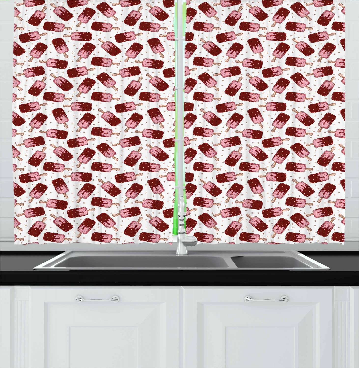 Ambesonne Chocolate Themed Kitchen Curtains - Ice Cream Stick Design with Cherry & Strawberry Flavors, Birthday Party Decor - 2 Panel Rod Pocket Drapes 55x45 Inches in White Pink Ruby - Perfect for Birthday Kitchens, Ice Cream Parlors & Sweet-Themed Room Decor