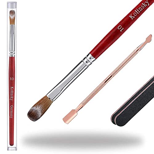 Premium Kolinsky Acrylic Nail Brush Set - Professional #10 Nail Art Brush with Red Wooden Handle & Metal Cuticle Pusher - Perfect for Acrylic Nail Application, Manicure & Salon Nail Art Design