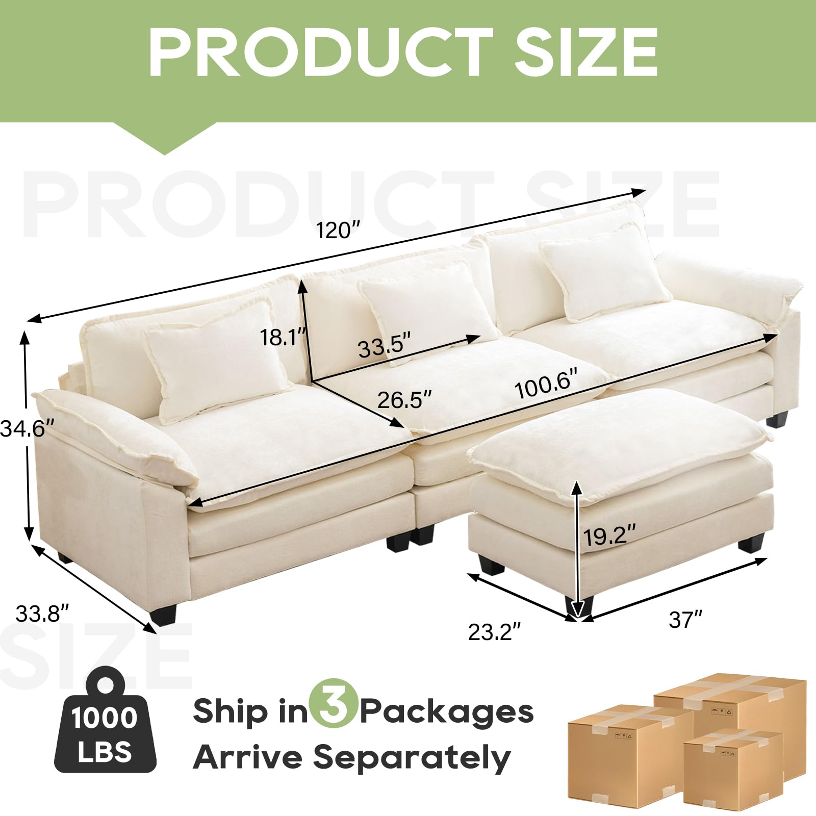 Modular Sectional Sofa with Ottoman - Cloud Couch Deep Seat Sleeper Sofa in Soft Chenille Fabric, Includes Throw Pillows - L-Shaped 120