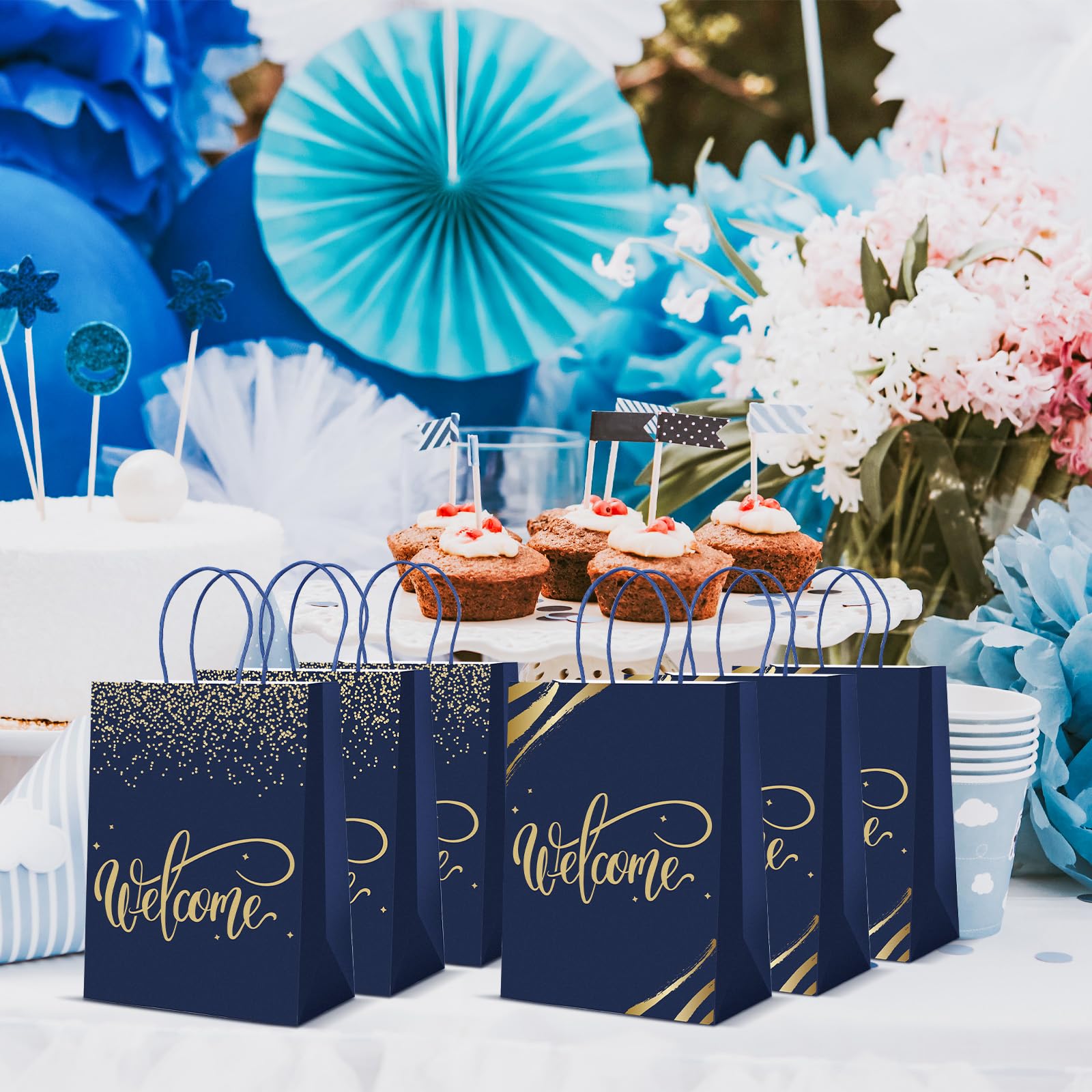 50 Pack Welcome Gift Bags with Handles & Tissue Paper - Navy Blue Kraft Paper Favor Bags for Church, Wedding, Birthday Party, Hotel Guests & Special Events - Bulk Party Supplies for Warm Welcome Gifting