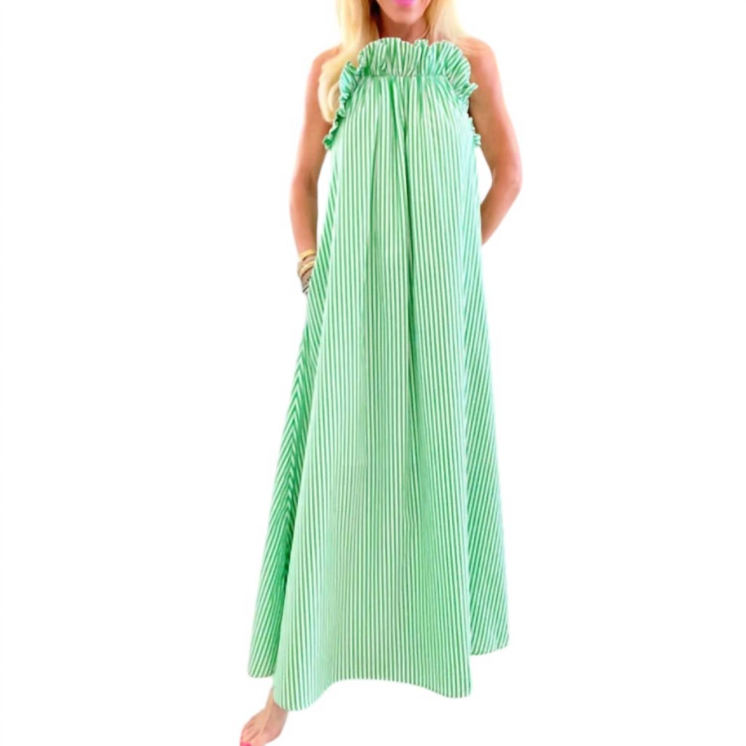 Off To The Races Green Stripe Poplin Ruffle Maxi Dress by Karlie | Elegant Summer Beach Wedding Guest Dress