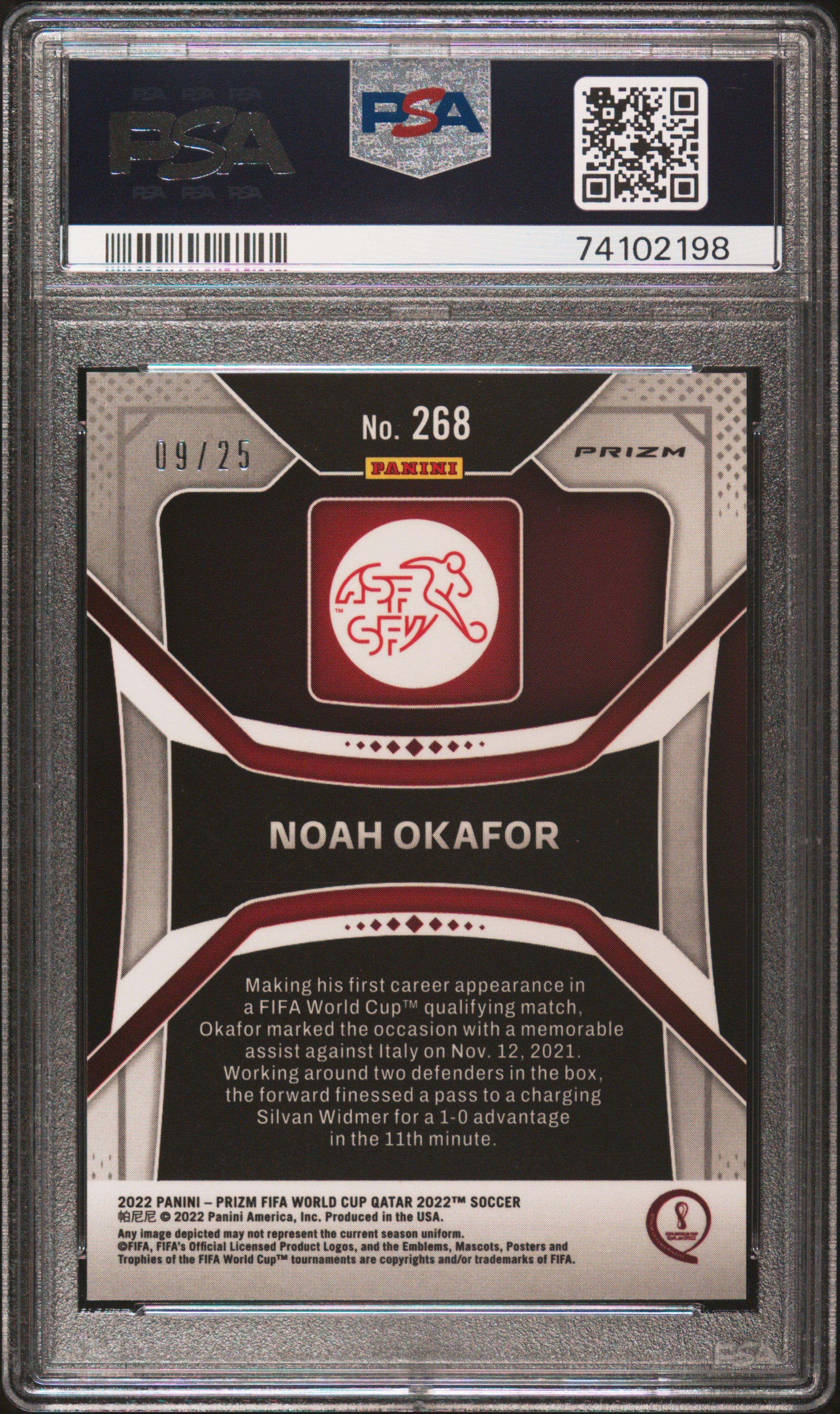 2022 Panini Prizm Qatar World Cup Noah Okafor Orange Prizm Rookie Card RC /49 #268 PSA 10 Gem Mint - Soccer Collectible for Fans & Investors
