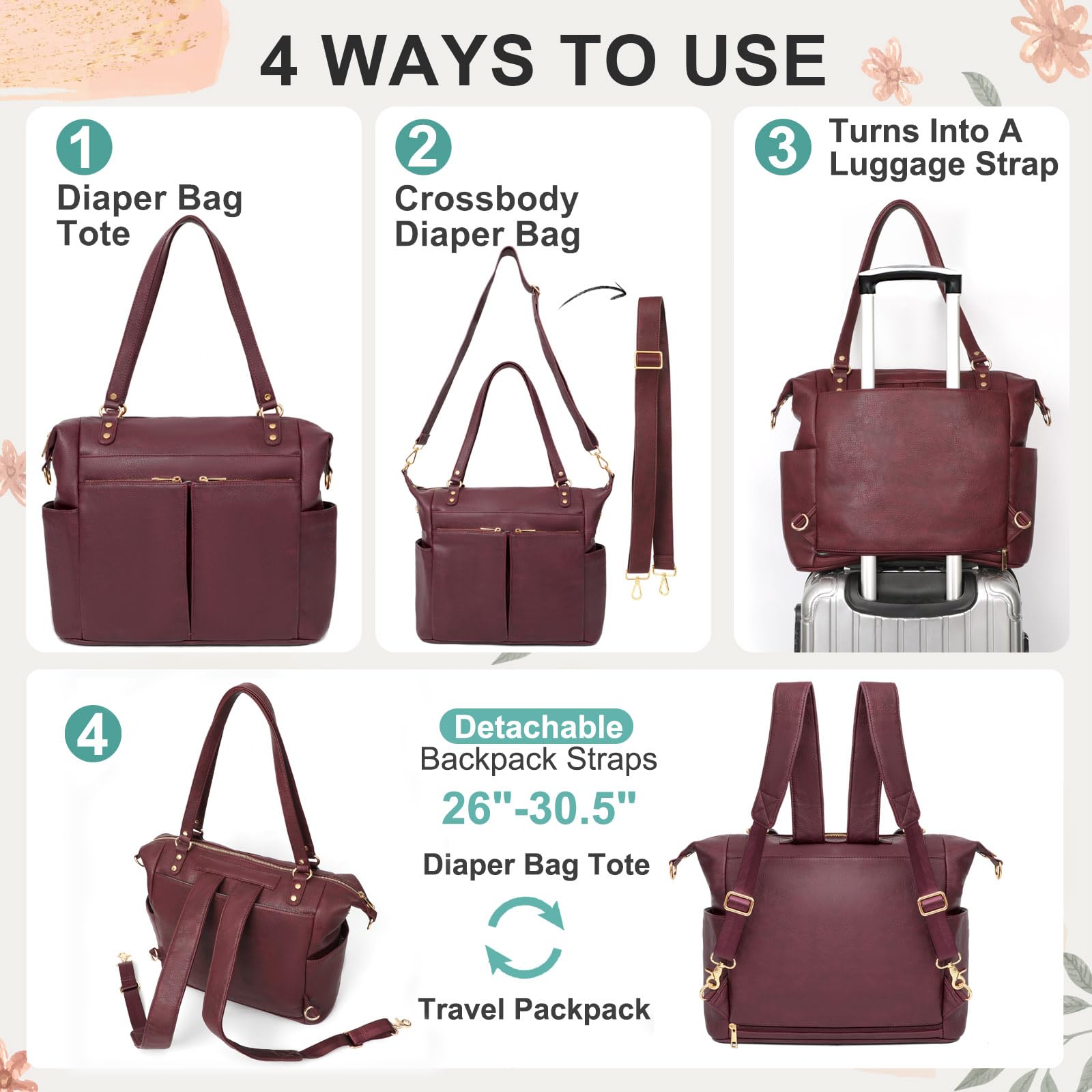 Premium Leather Diaper Backpack Tote - 14 Pockets with 4 Insulated Compartments | Convertible Baby Bag for Boys & Girls | Includes Changing Pad | Perfect for Baby Registry, Travel & Daily Use (Rust Red)