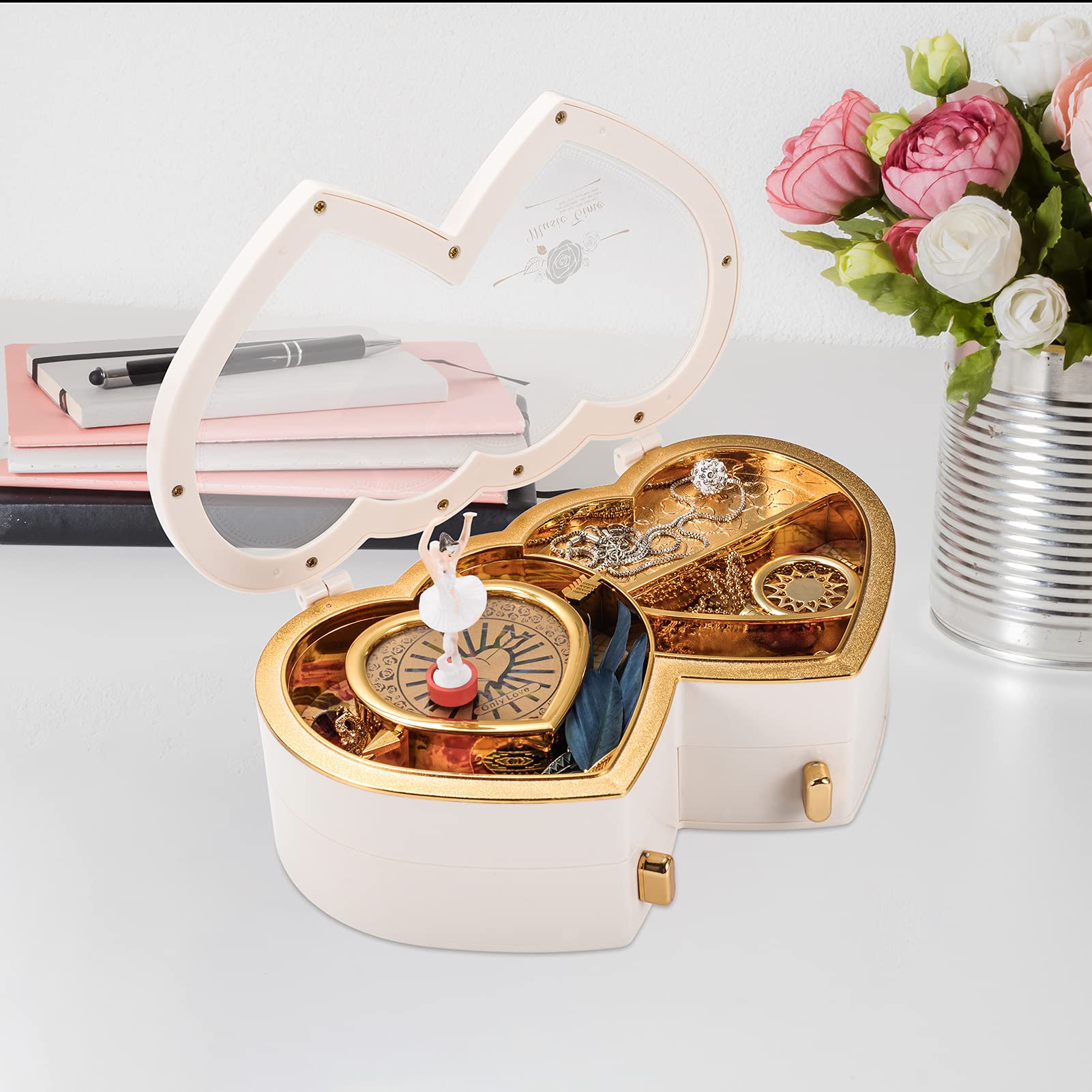 Rainbowie Heart Musical Jewelry Box with Dancing Girl - Arrow Design Jewelry Storage Box for Necklaces & Rings - Perfect Christmas Gift for Her (White) - Great for Bedroom Vanity, Birthday & Anniversary Presents
