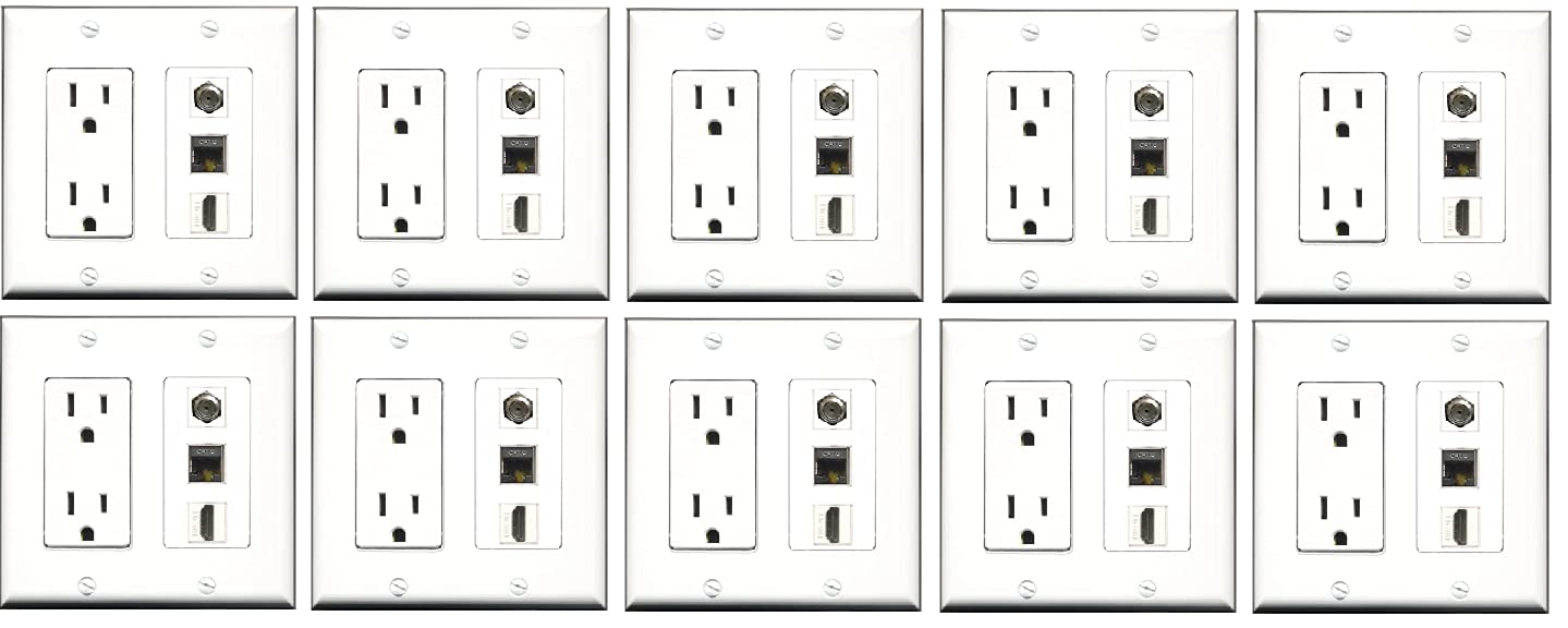 RiteAV 15 Amp Power Outlet with 1 Port HDMI, Coax & Shielded Cat6 Ethernet Wall Plate - White (10 Pack) - Ideal for Home Theater Setup, Office Networking & Smart Home Installation