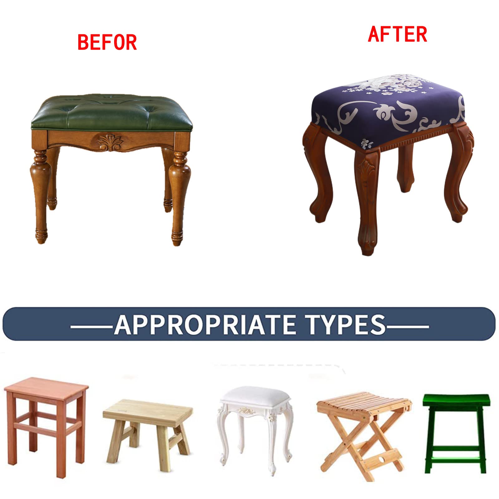 Elastic Rectangle Bar Stool Covers - Washable Stool Seat Cushion Covers for Vanity, Dressing Chair & Counter Stools - Square Foot Stool Covers Set of 2 - Perfect for Home Decor, Kitchen, Living Room & Bedroom