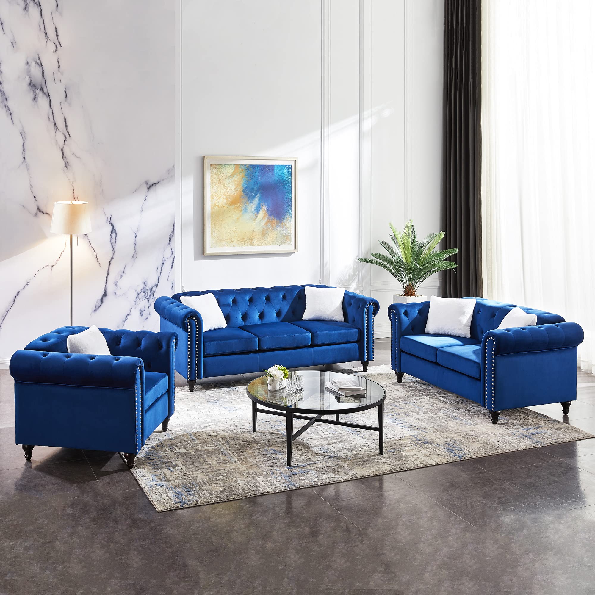 3-Piece Navy Blue Velvet Couch Set with Rolled Arms, Rubberwood Legs & Tufted Cushions - Upholstered Living Room Sofa for Modern Home Decor | Perfect for Lounge, Family Room & Apartment Living