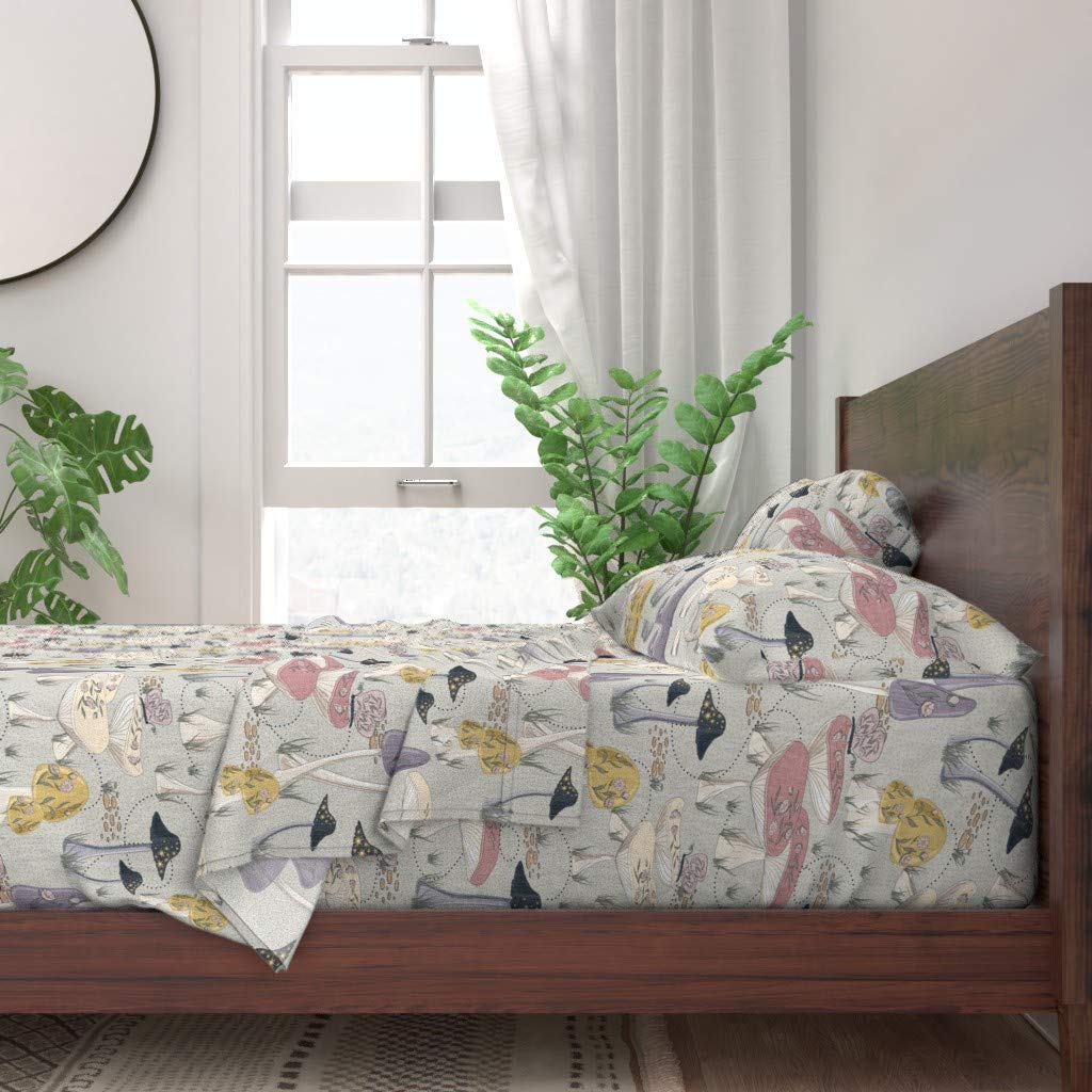 Whimsical Woodland Mushrooms 100% Cotton Twin Sheet Set 3pc - Pale Neutrals Print Custom Bedding for Cozy Cottage & Boho Bedroom Decor