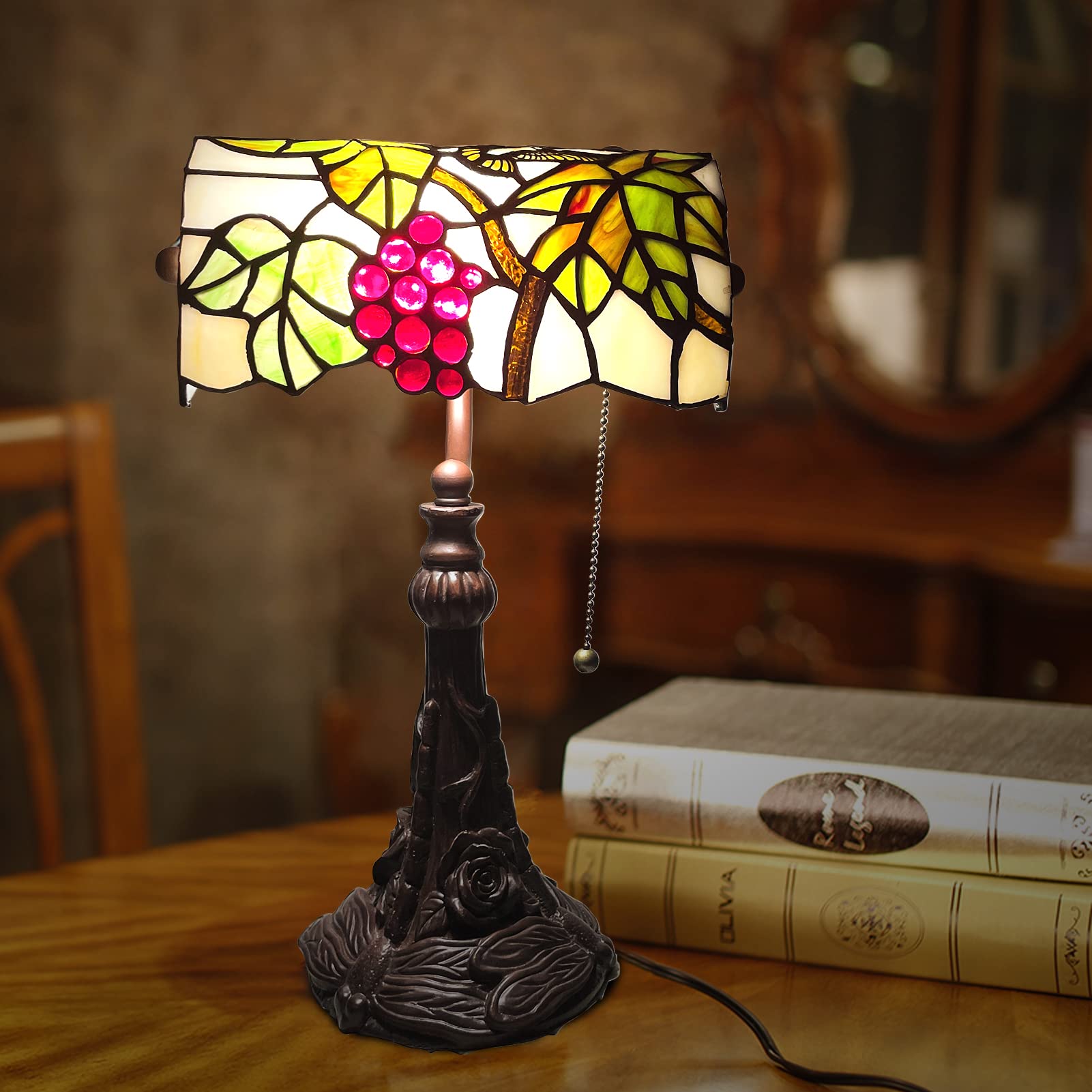 FUMAT Tiffany Style Table Lamp - Vintage Stained Glass LED Piano Lamp with Chain Switch, Small Shade Bank Bedside Light for Office Desk, Farmhouse Decor - Perfect for Bedroom, Living Room & Study Reading