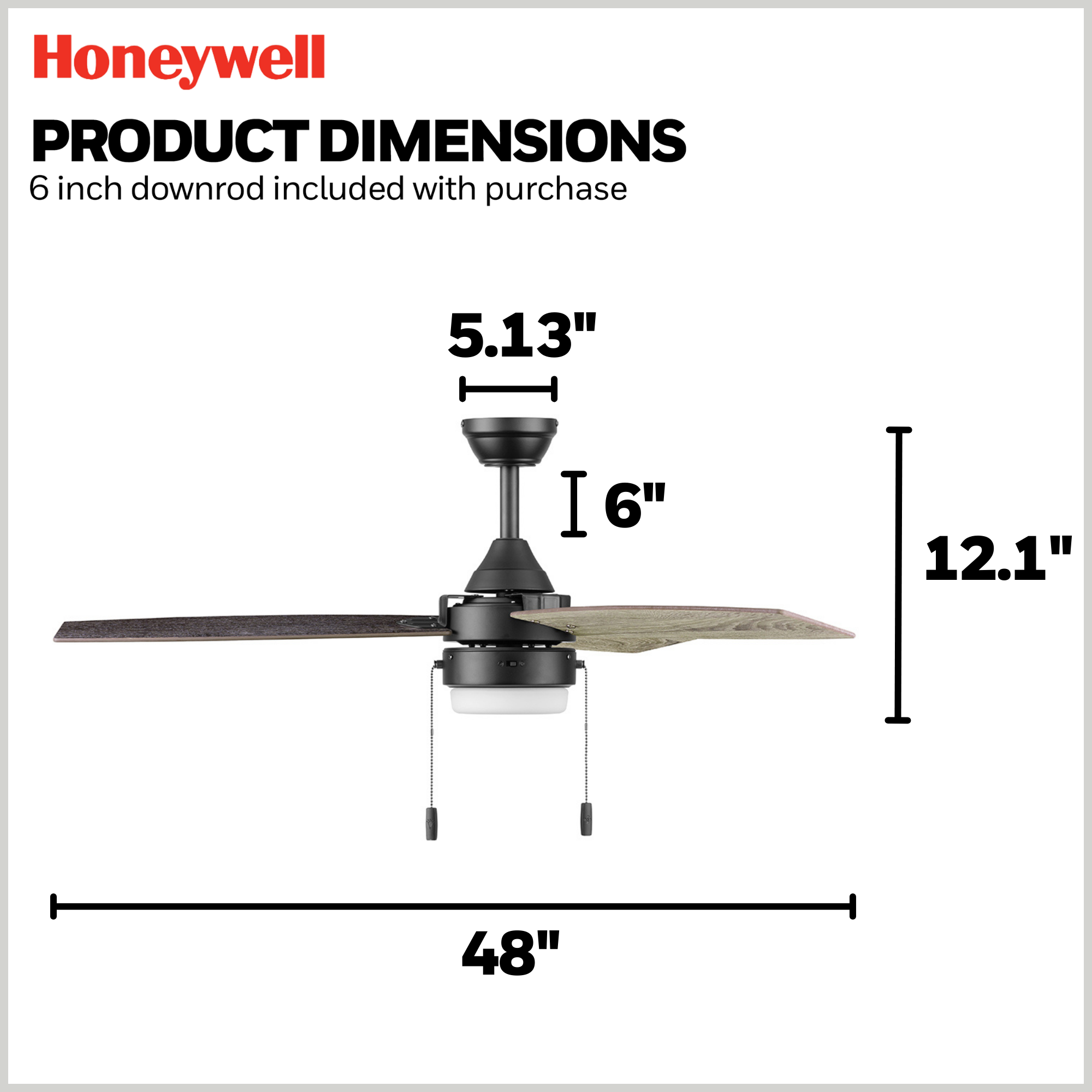 48 Inch Honeywell Berryhill Matte Black Ceiling Fan with Light Kit and Pull Chain - Perfect for Living Room, Bedroom, and Outdoor Covered Patio