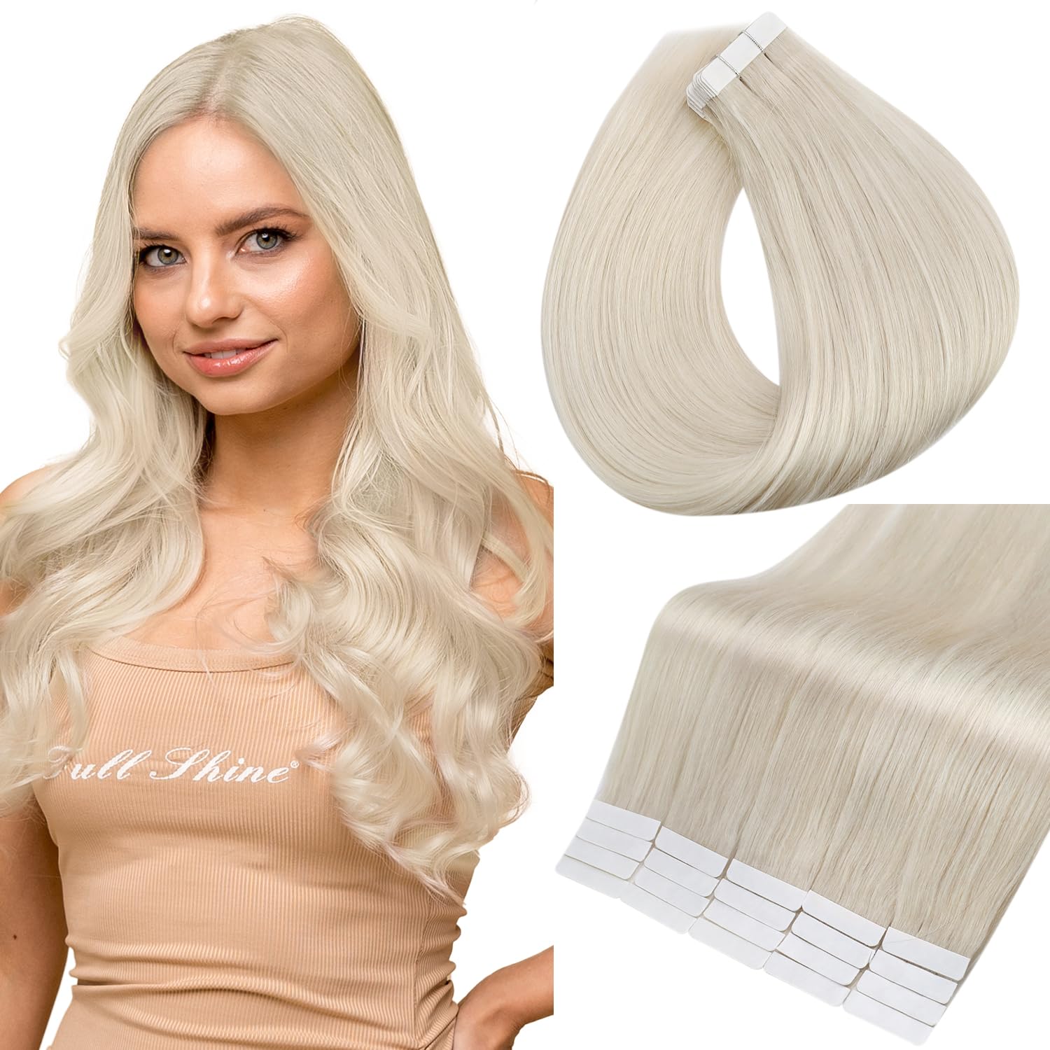 14 Inch Full Shine Skin Weft Tape-in Hair Extensions - 40 Pcs 100g Soft Natural Human Hair Extensions in Color 1000 White Blonde | Invisible Tape for Women | Perfect for Daily Wear, Parties & Special Occasions