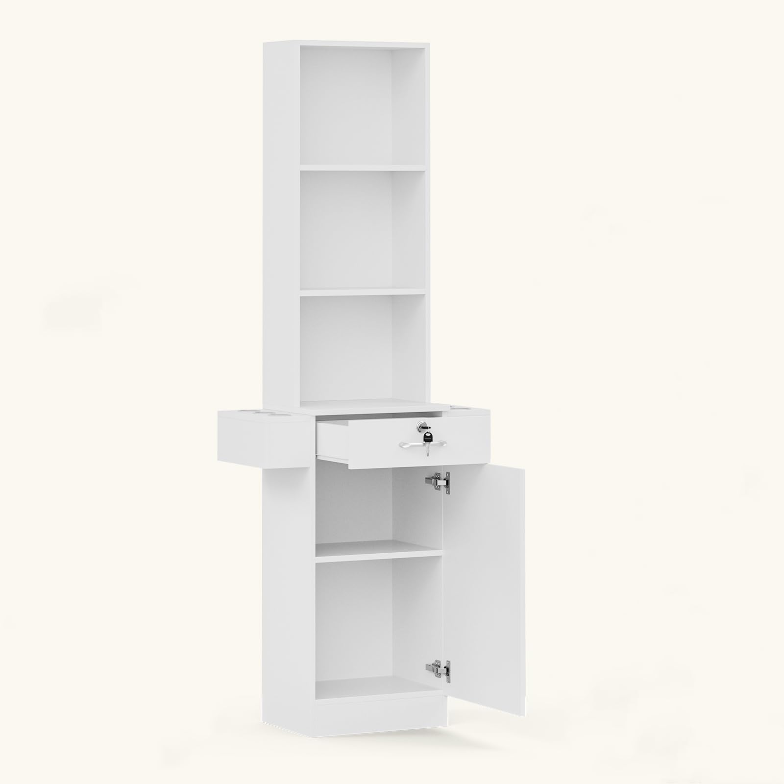 Professional Hair Salon Storage Station - White Barber Cabinet with 3 Open Shelves, 1 Lockable Drawer & 6 Hair Dryer Holders | Stylist Equipment Organizer for Salon, Barbershop & Home Beauty Station