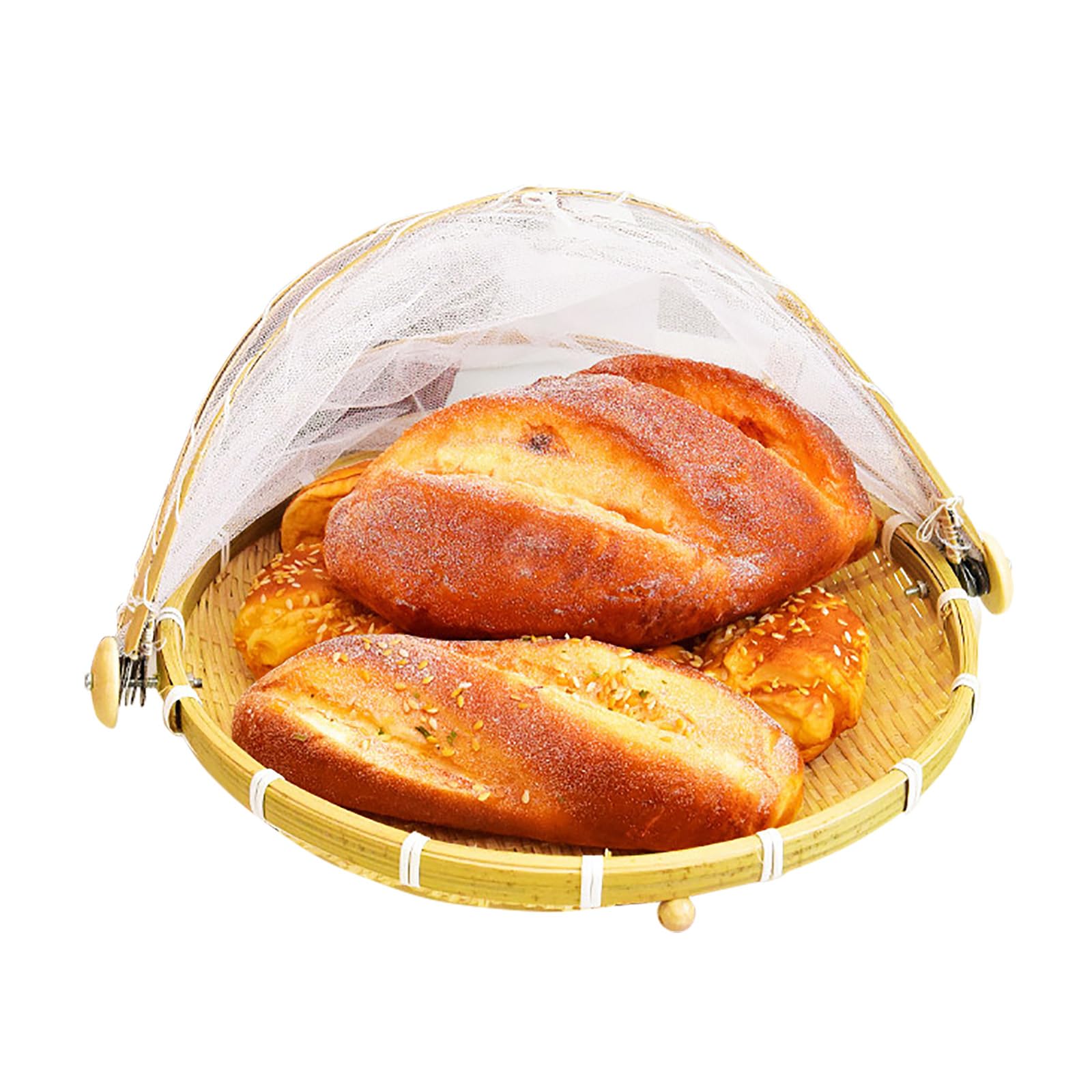 12 Inch Round Bamboo Food Storage Basket with Mesh Cover - Dustproof Hand-Woven Picnic Container for Vegetables, Fruits & Bread | Perfect for Outdoor Parties, Camping & Picnics