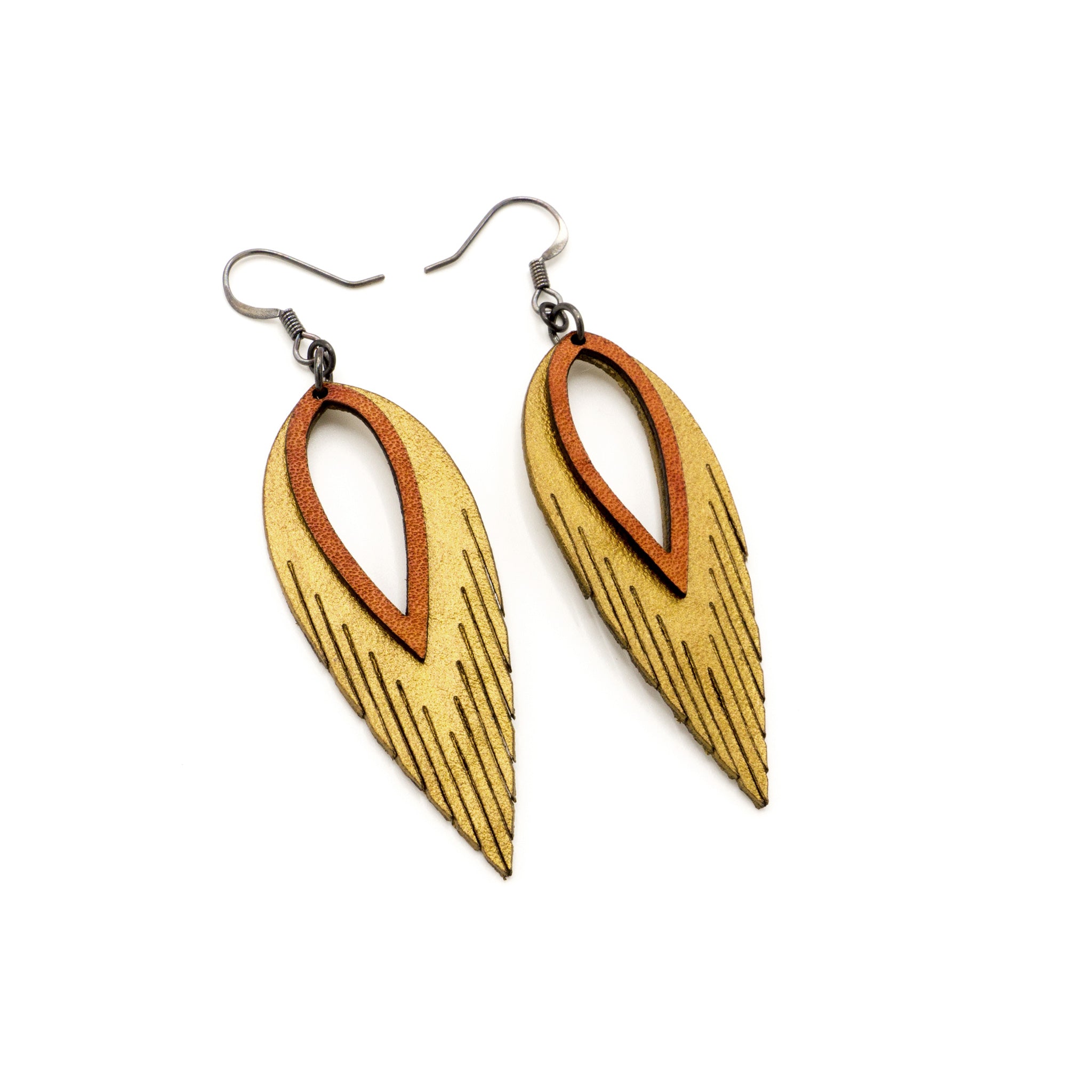 2 Layer Genuine Leather Earrings in Gold & Red - Elegant Boho Dangle Earrings for Women, Perfect for Parties, Weddings & Everyday Wear