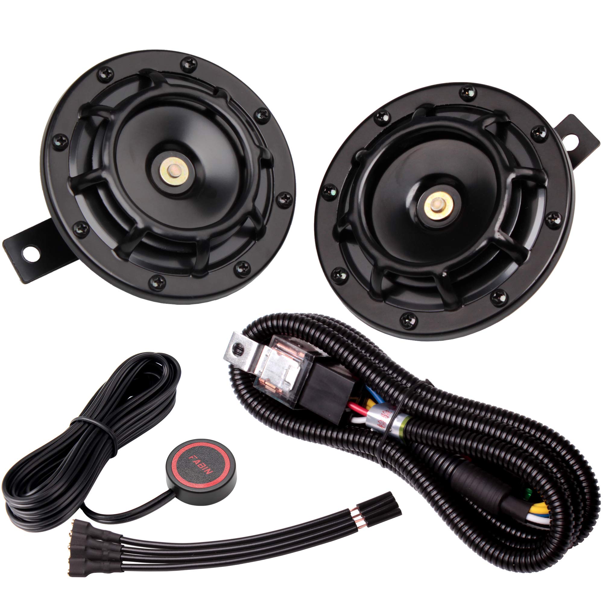 FARBIN 12V Waterproof Car Horn Kit - Super Loud High & Low Tone Metal Twin Horns with Protective Grill (Black) - Perfect for Trucks, SUVs, and Off-Road Vehicles