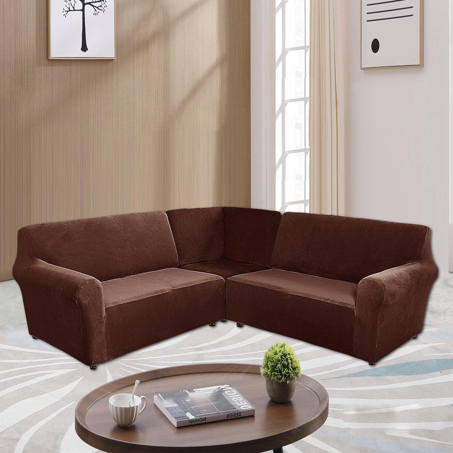 ELEOPTION 5-Piece L-Shaped Sofa Cover - Stretchable Velvet Sectional Couch Slipcover for Corner Couches, Soft Washable Furniture Protector in Brown - Perfect for Living Room, Family Room & Home Theater