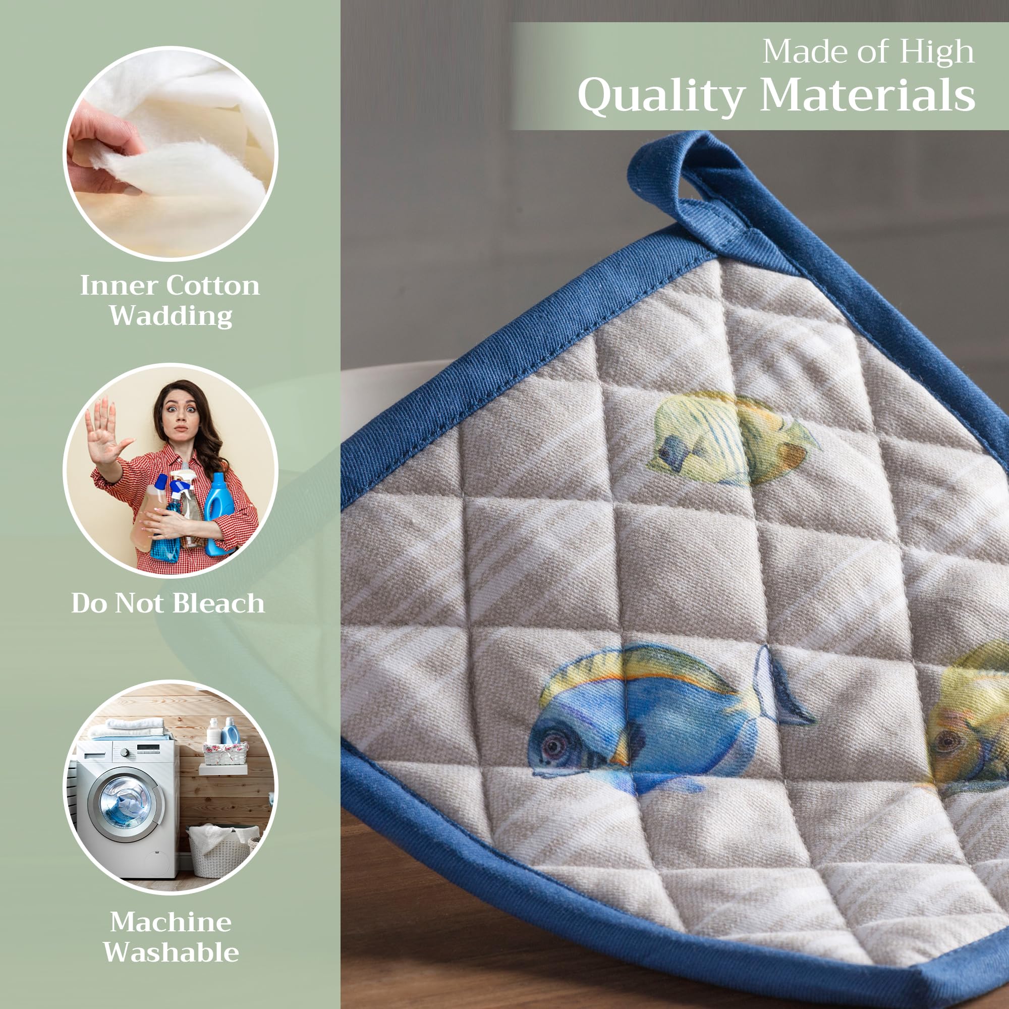 Heat Resistant 8x8 Inch Cotton Potholders - 100% Cotton Oven Mitts with Loop for BBQ, Grilling, Baking & Microwave Use - Easter & Spring Kitchen Decor (Poisson Design)