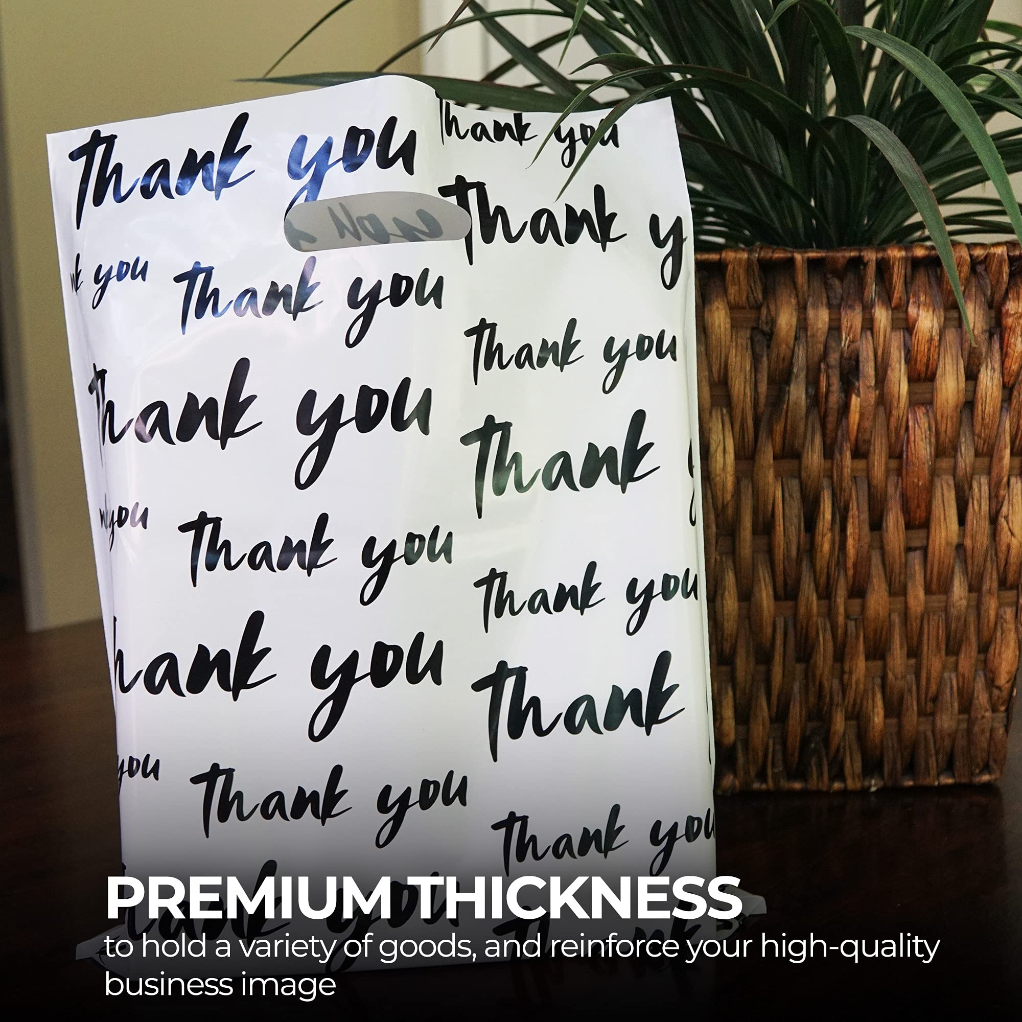 50 Pack Premium White & Black 12x15 Inch Thank You Bags - Thick Plastic Shopping Bags with Strong Handles for Retail Stores, Boutiques & Gift Shops | Perfect for Packaging Small Purchases & Customer Appreciation Gifts