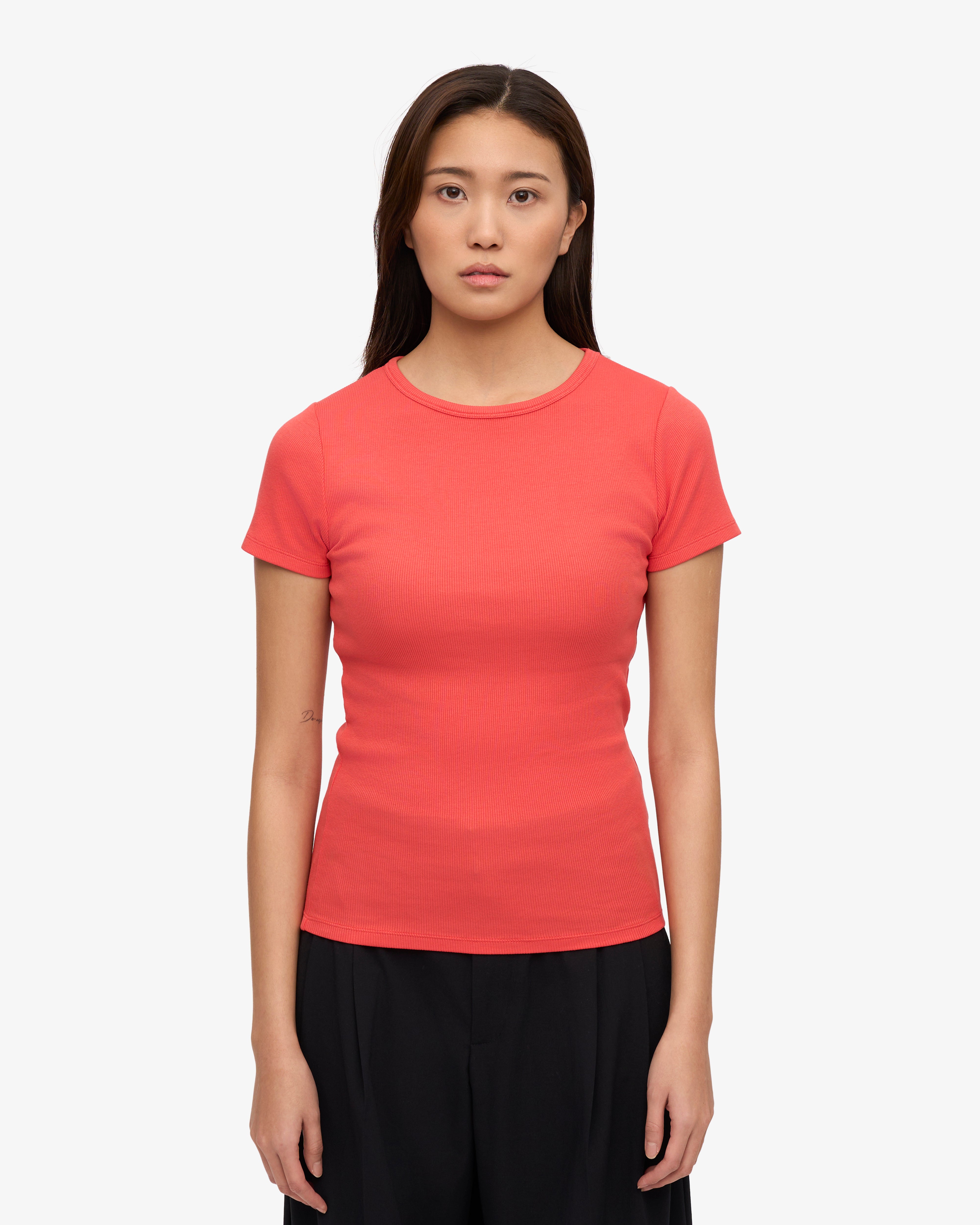 Organic Cotton Rib T-Shirt for Men & Women - Soft & Comfortable Red Tangerine Color - Perfect for Casual Wear, Yoga & Everyday Outfits