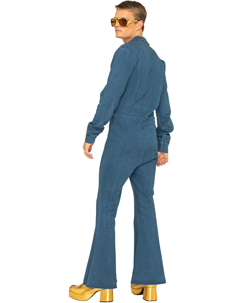 Vintage 70s Studded Denim Jumpsuit for Women - Retro Rocker Chic Outfit for Concerts, Parties & Halloween Costumes