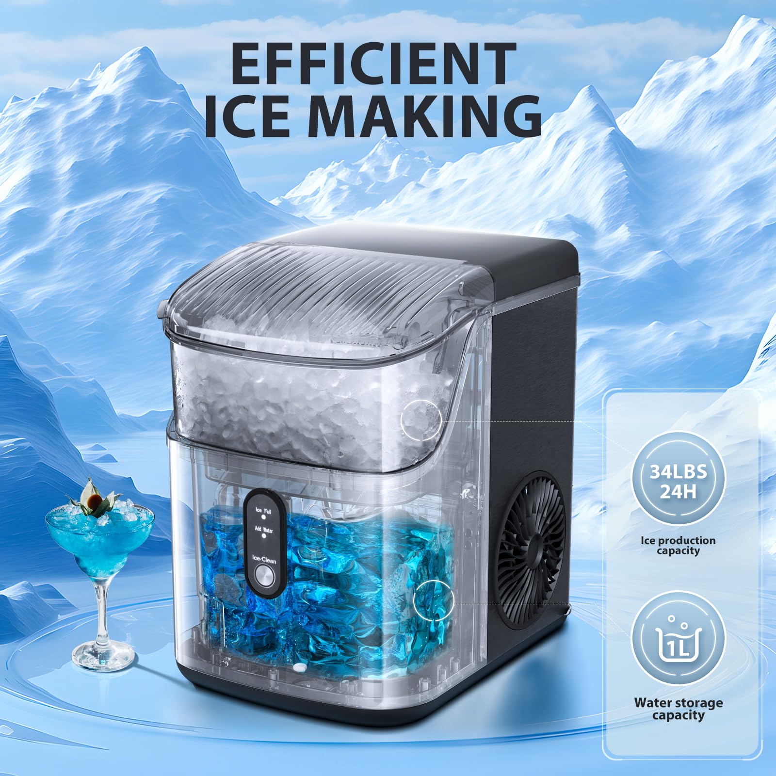 Portable Countertop Ice Maker with Soft Chewable Pellet Ice - 36Lbs/24H Self-Cleaning Sonic Ice Machine, One-Touch Operation for Kitchen, Office, Bar, RV - Stainless Steel Black Design