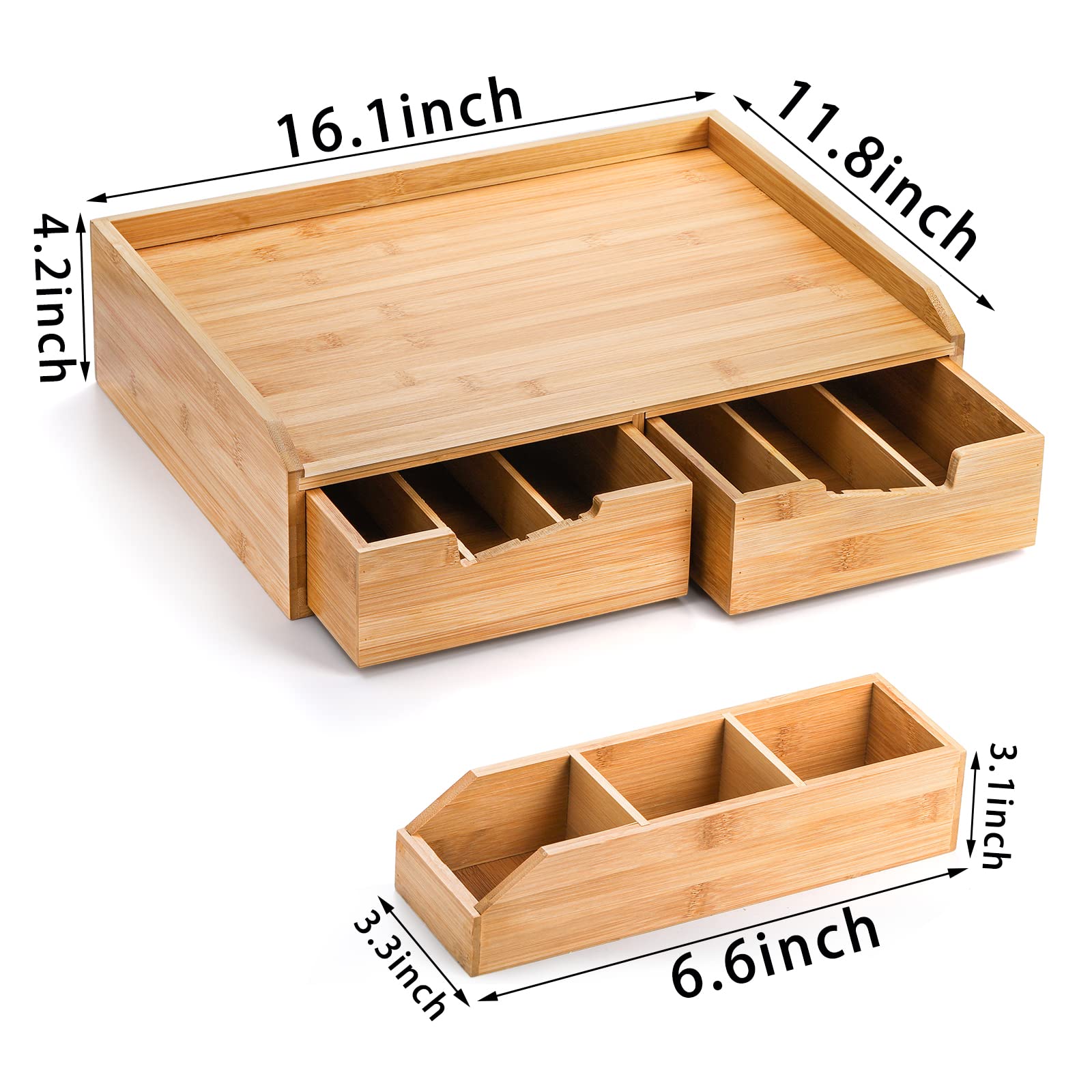 SOUJOY Bamboo Drawer Organizer for Coffee Pods & Tea Bags - K Cup Storage Tray with Drawer and Side Compartments - Perfect for Kitchen Counter, Office Desk & Coffee Bar Organization (Home & Office Use)