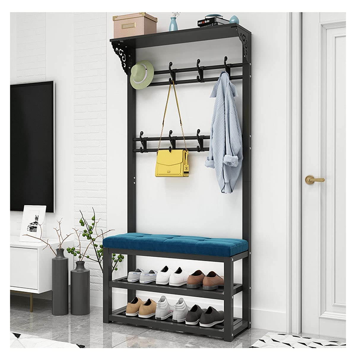3-in-1 Entryway Storage Organizer - LLLD Coat Rack with 2-Tier Shoe Bench, 2 Rows Hooks & Hall Tree Design | Perfect for Bedroom, Hallway & Living Room Organization | Space-Saving Entry Solution for Coats, Shoes & Accessories
