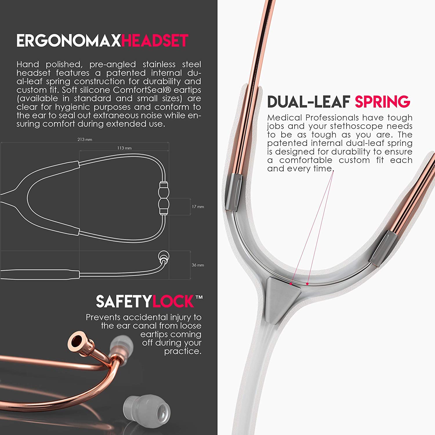 Premium MDF777RG29 RoseGold Stethoscope for Adults - Stainless Steel Chestpiece, White Tube & Headset - Ideal for Doctors, Nurses & Medical Professionals