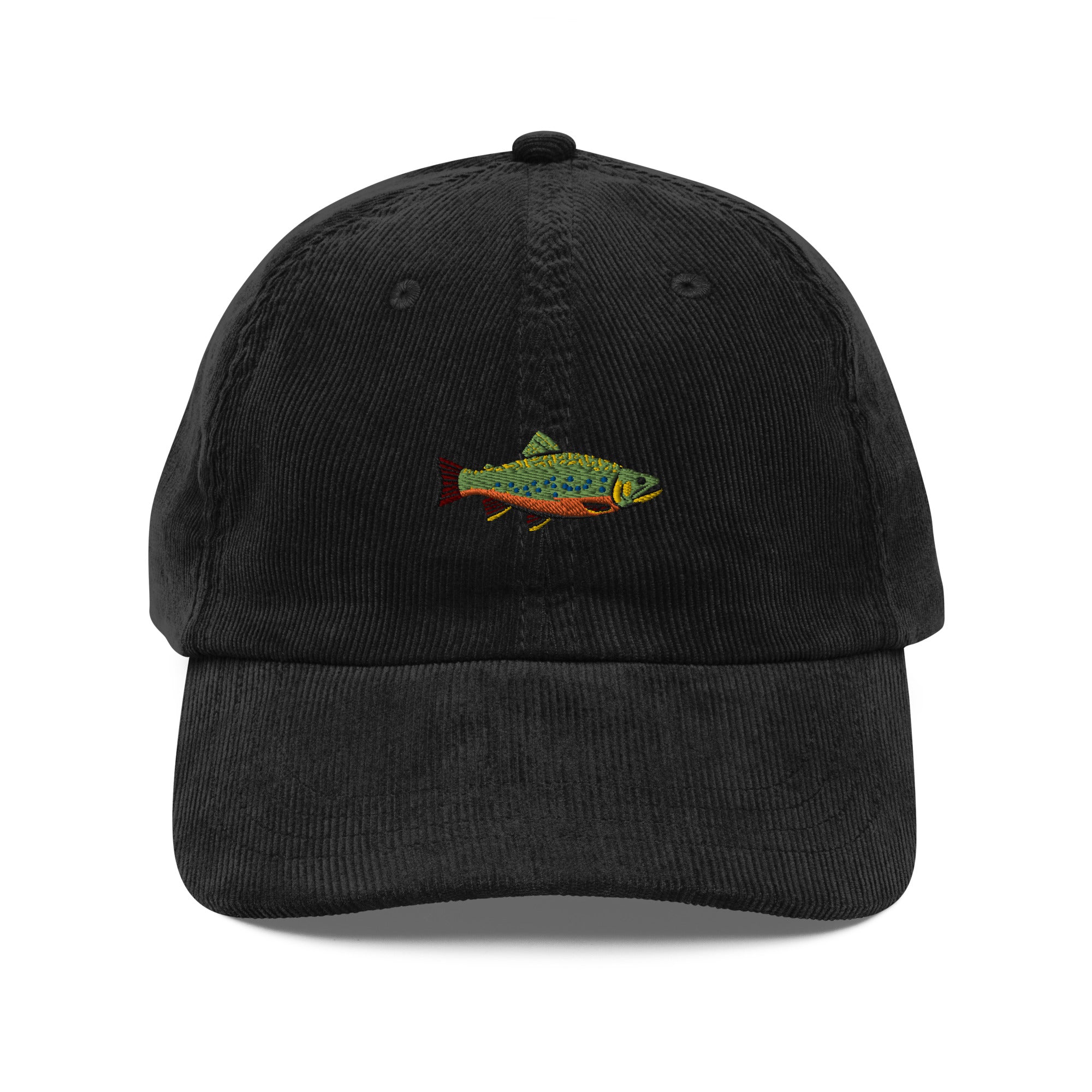 Brook Trout Embroidered Corduroy Dad Hat - Vintage Fishing Cap for Men & Women - Perfect for Outdoor Adventures, Hiking, and Casual Wear