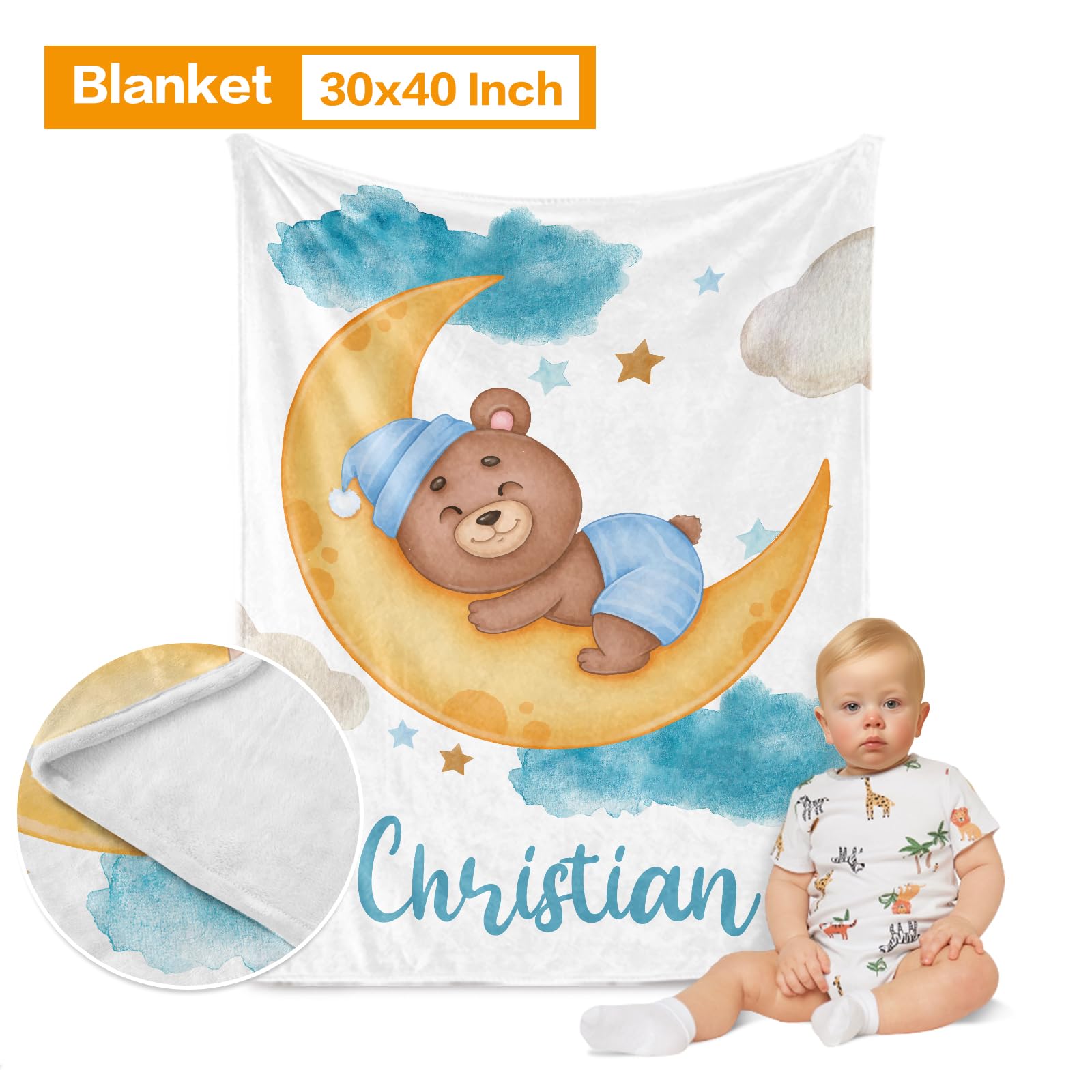 Custom Baby Crib Bedding Set with Moon Animal Design - Personalized Name Nursery Bed 3 Piece Set - Soft Blanket, Fitted Sheet & Play Mat for Newborn Boys Girls - Perfect Baby Shower Gift & Nursery Decor (Bear Theme) - Ideal for Cozy Naps, Playtime & Photo Shoots