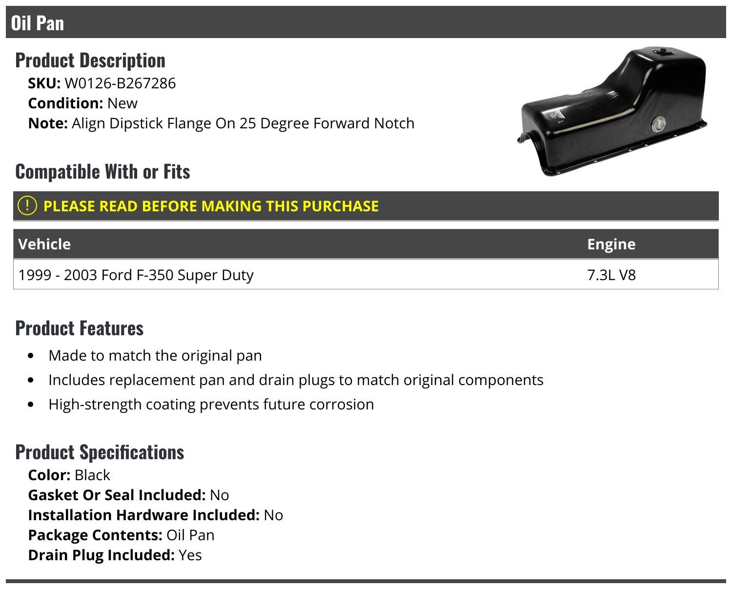 Ford F350 Super Duty 7.3L V8 Diesel Oil Pan Replacement (1999-2003) - Heavy Duty Engine Protection for Off-Roading & Towing