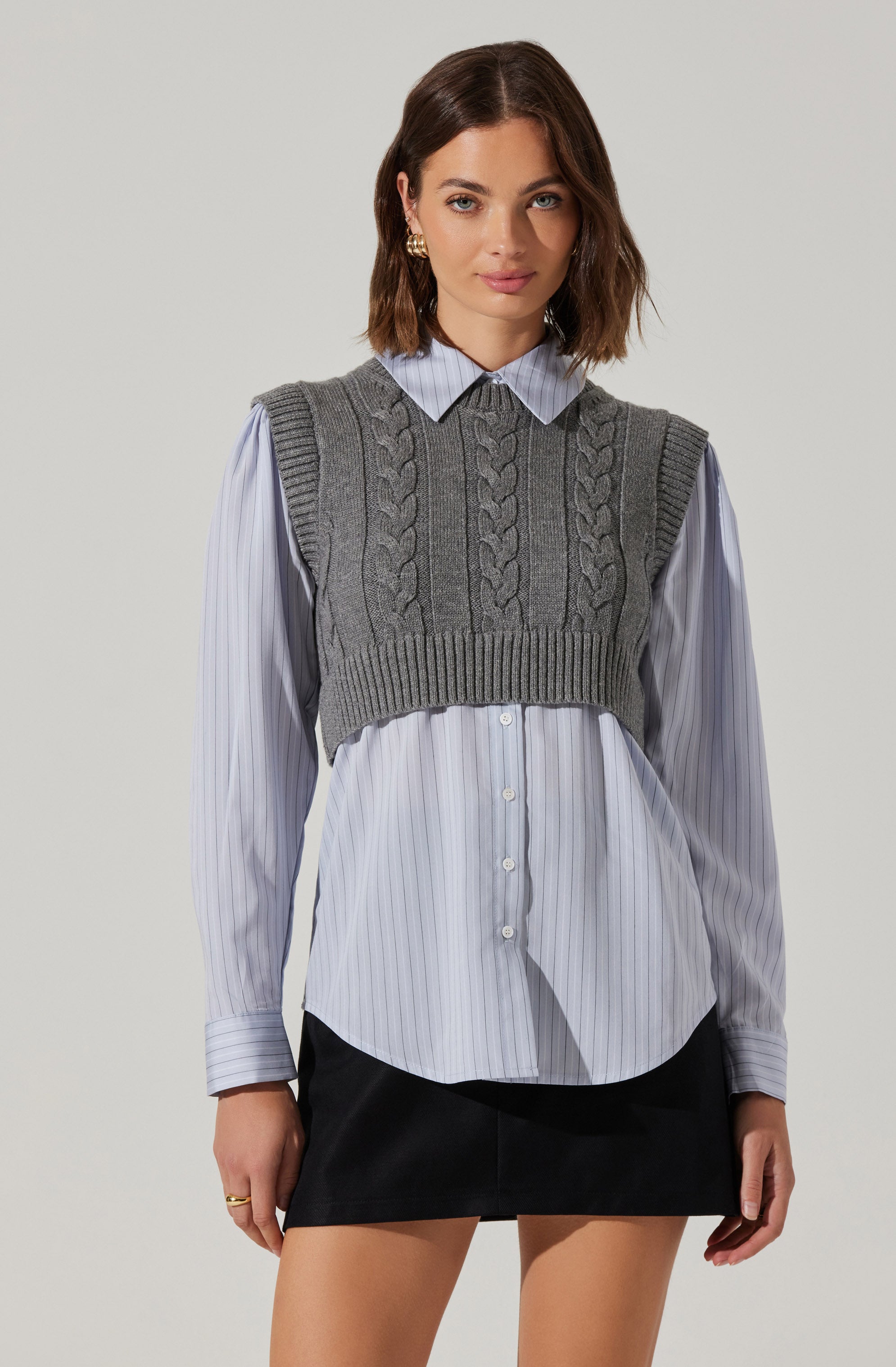 Flannery Layered Cable Knit Combo Shirt for Women - Stylish Winter Layering Top for Casual Outfits & Office Wear