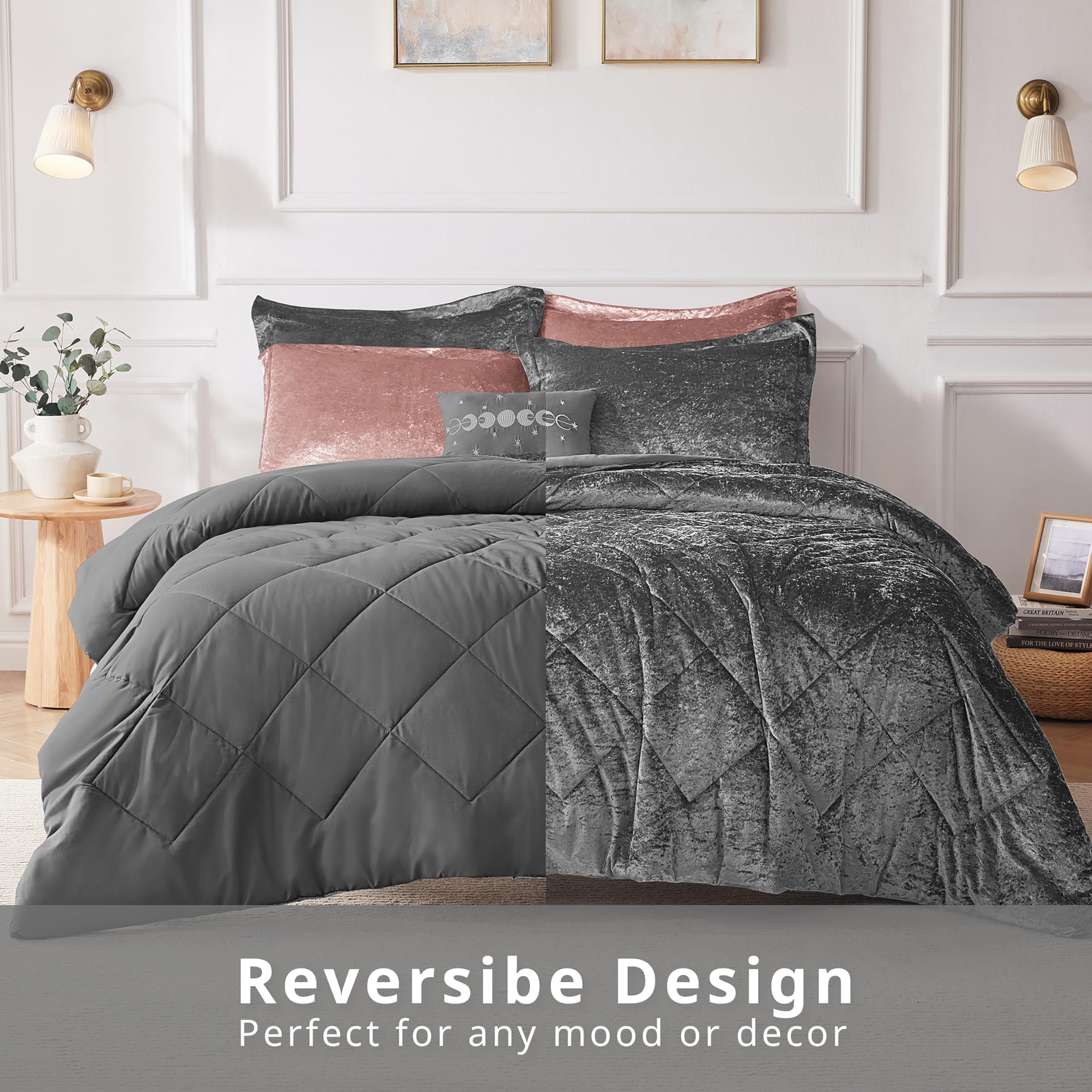Luxury Velvet Queen Duvet Cover Set - Diamond Quilting Grey Bedding with Decorative Pillow & 2 Shams (4-Piece) - Soft Fluffy Comforter Cover for Full/Queen Bed - Perfect for Master Bedroom, Guest Room & Cozy Winter Nights