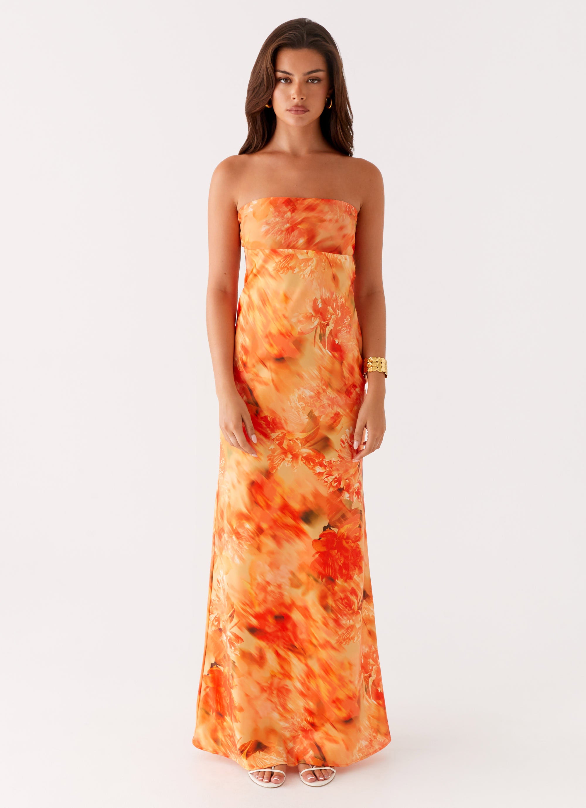 Carmen Maxi Dress - Sunset Floral Print Long Summer Dress for Women, Beach Wedding Guest Dress, Boho Chic Vacation Outfit