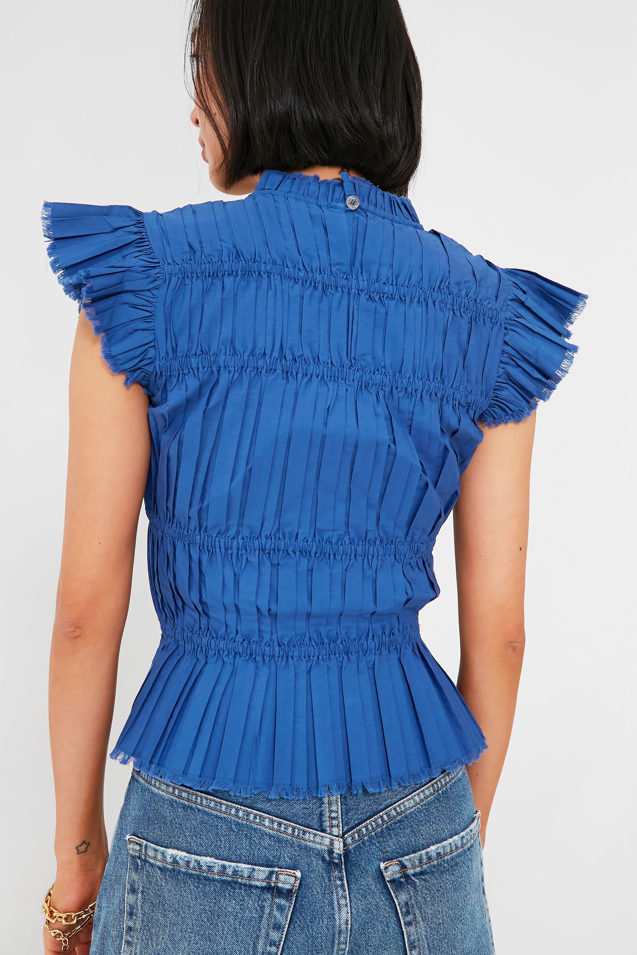 Blue Greir Pleating Flutter Sleeve Top for Women | Elegant Blouse for Casual Wear, Office & Date Night Outfits