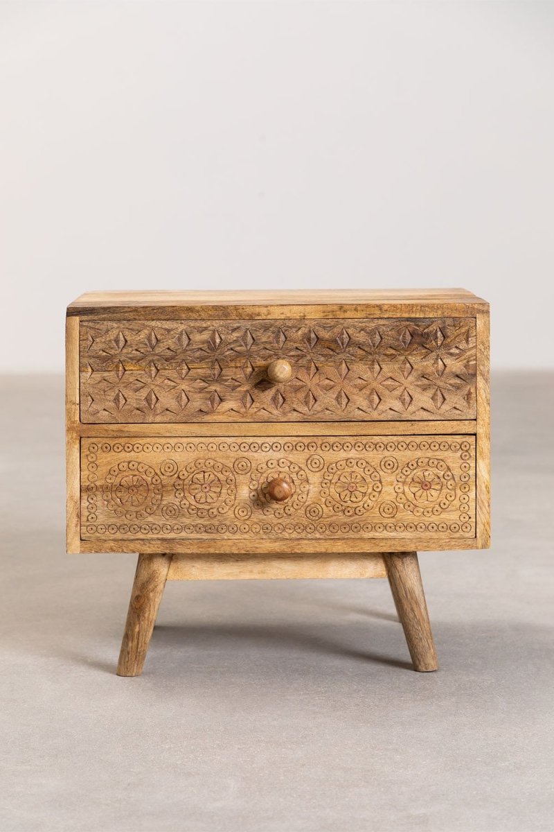 Hand Carved Wooden Nightstand with Two Drawers - Solid Wood Bedside Table for Bedroom, Living Room & Office Storage | Rustic Home Decor Furniture