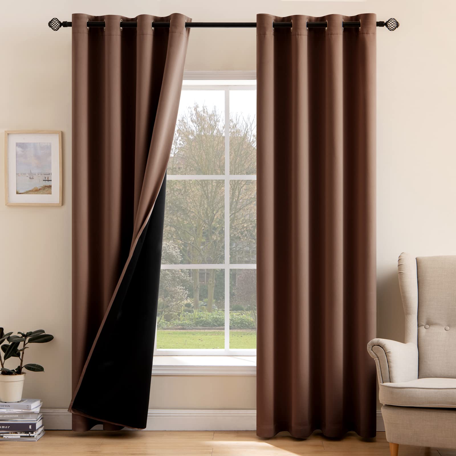 MIULEE 100% Blackout Thermal Insulated Curtains - 52x84 Inch Set of 2, Mocha Color with Black Liner for Living Room - Noise Reducing & Room Darkening Grommet Drapes | Perfect for Home Theater, Nursery & Light Sleepers